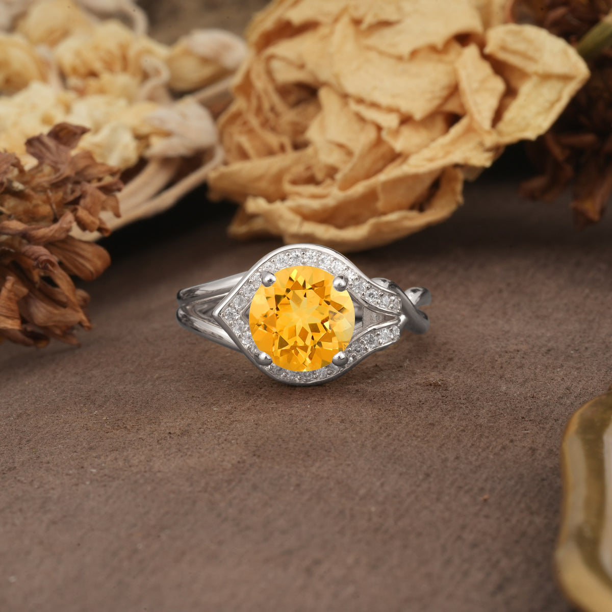 Unique, Luxurious, Twisted 4-Prong Round Cut Citrine Engagement Ring - Additional view