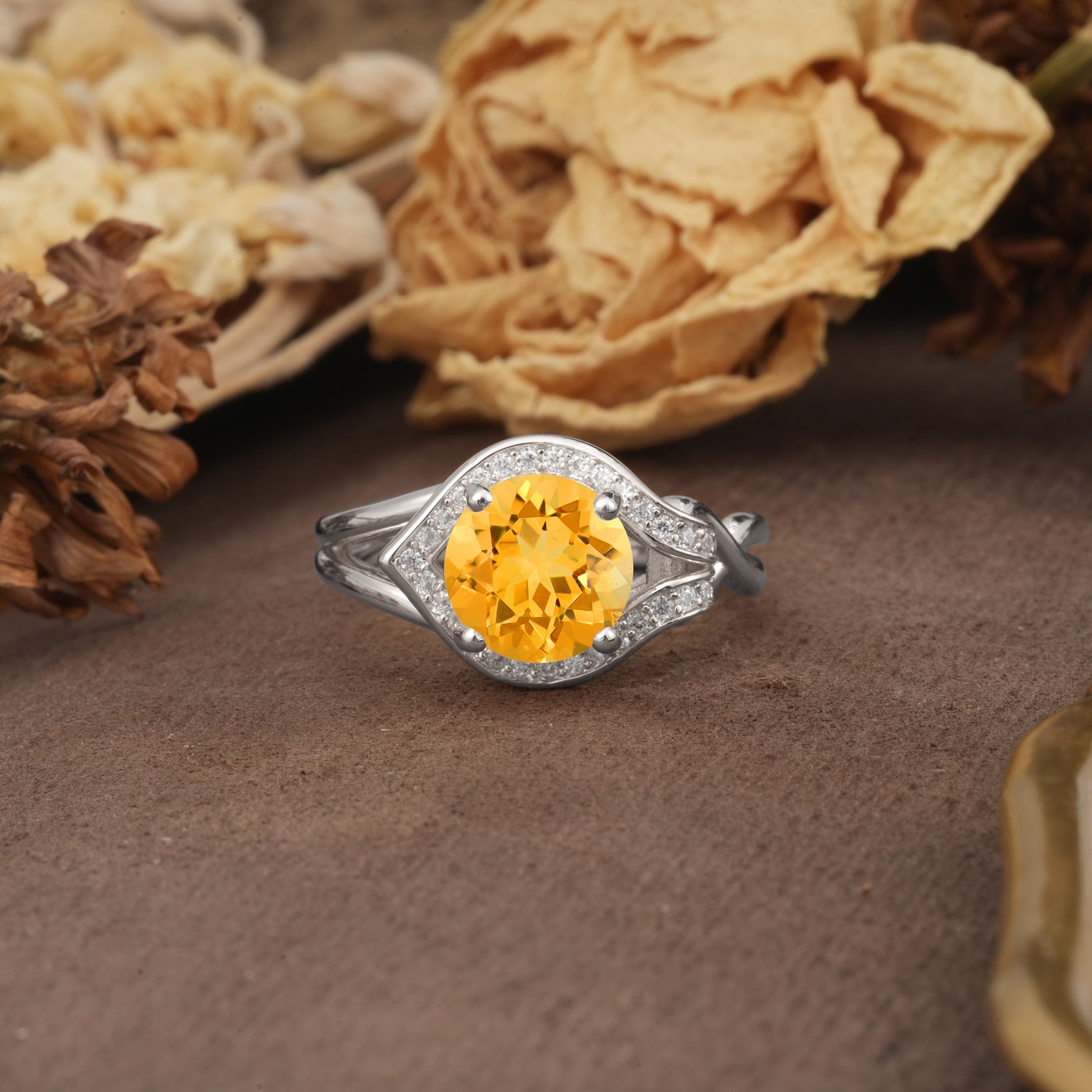 Unique, Luxurious, Twisted 4-Prong Round Cut Citrine Engagement Ring - Additional view