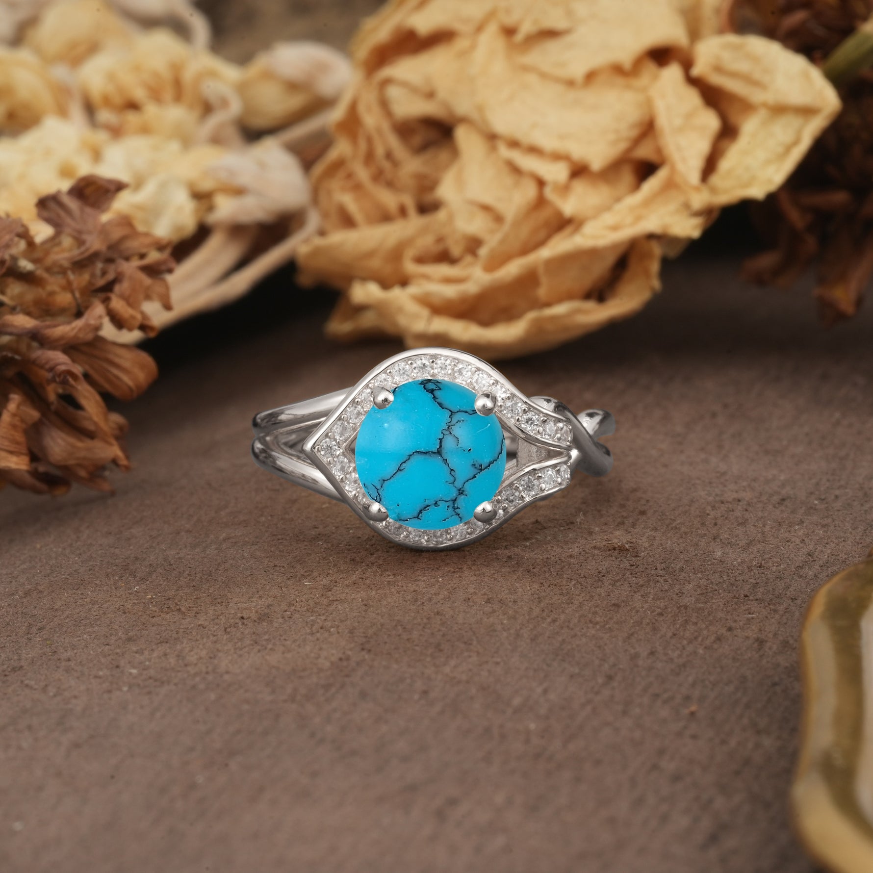 Unique, Luxurious, Twisted 4-Prong Round Cut Turquoise Engagement Ring - Additional view
