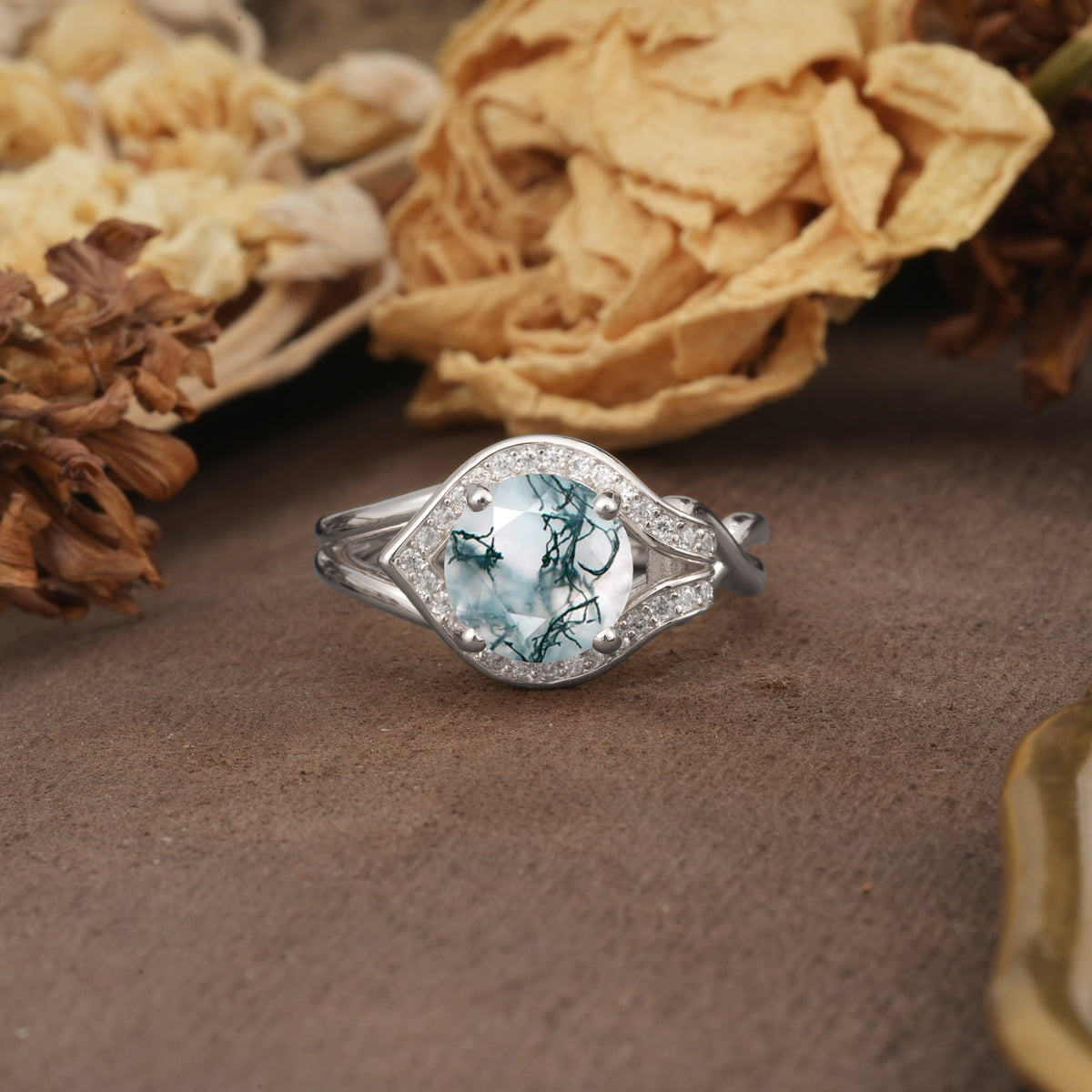Unique, Luxurious, Twisted 4-Prong Round Cut Moss Agate Engagement Ring - Additional view