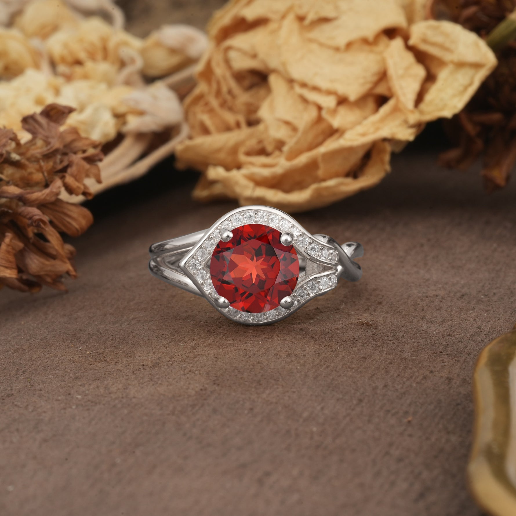 Unique, Luxurious, Twisted 4-Prong Round Cut Garnet Engagement Ring - Additional view