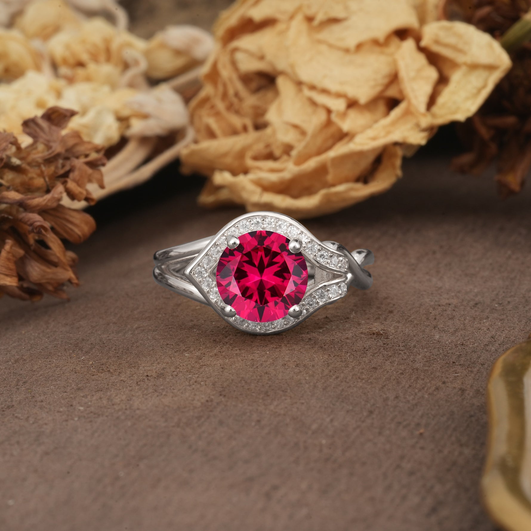 Unique, Luxurious, Twisted 4-Prong Round Cut Ruby Engagement Ring - Additional view