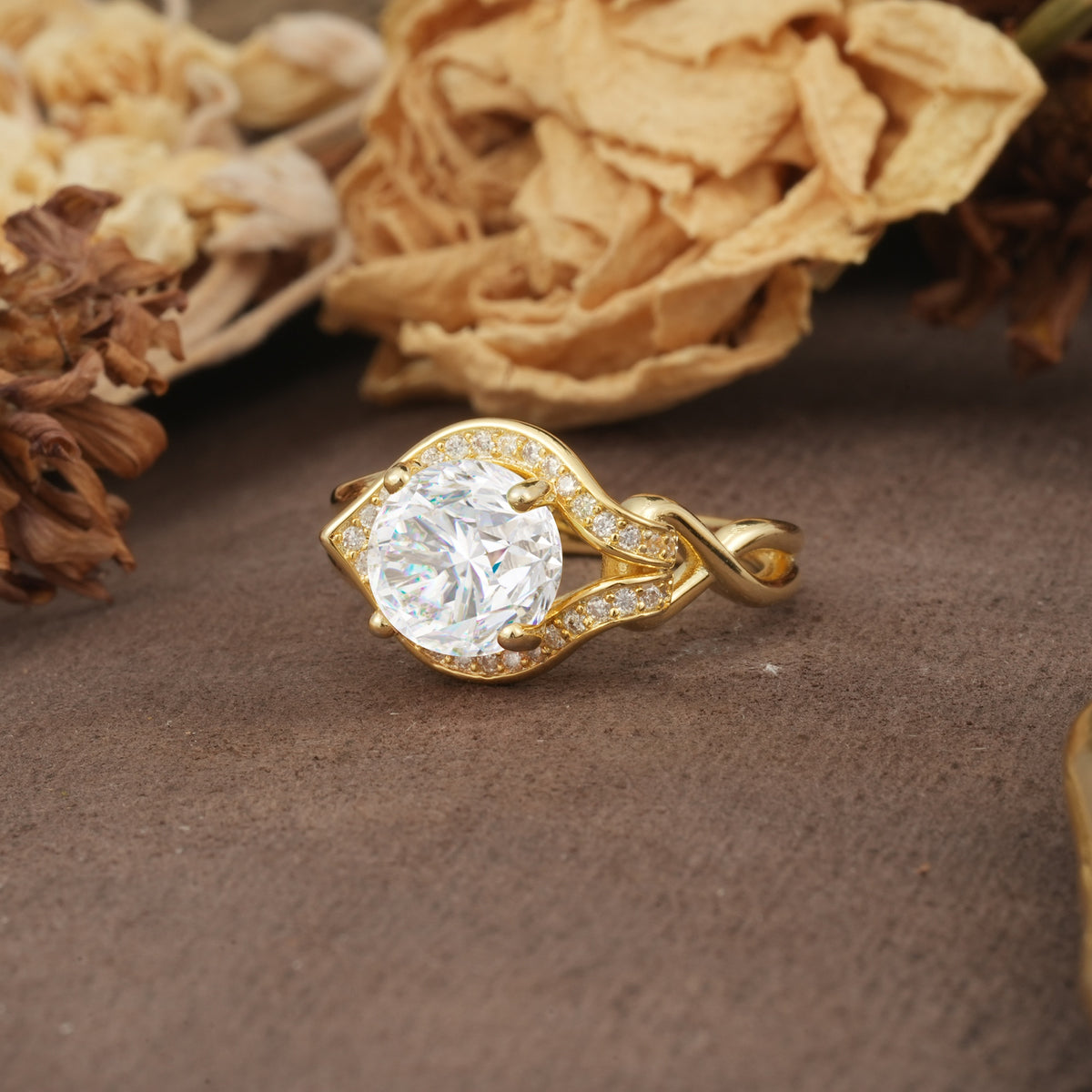 Unique, Luxurious, Twisted 4-Prong Round Cut Moissanite Engagement Ring - Additional view