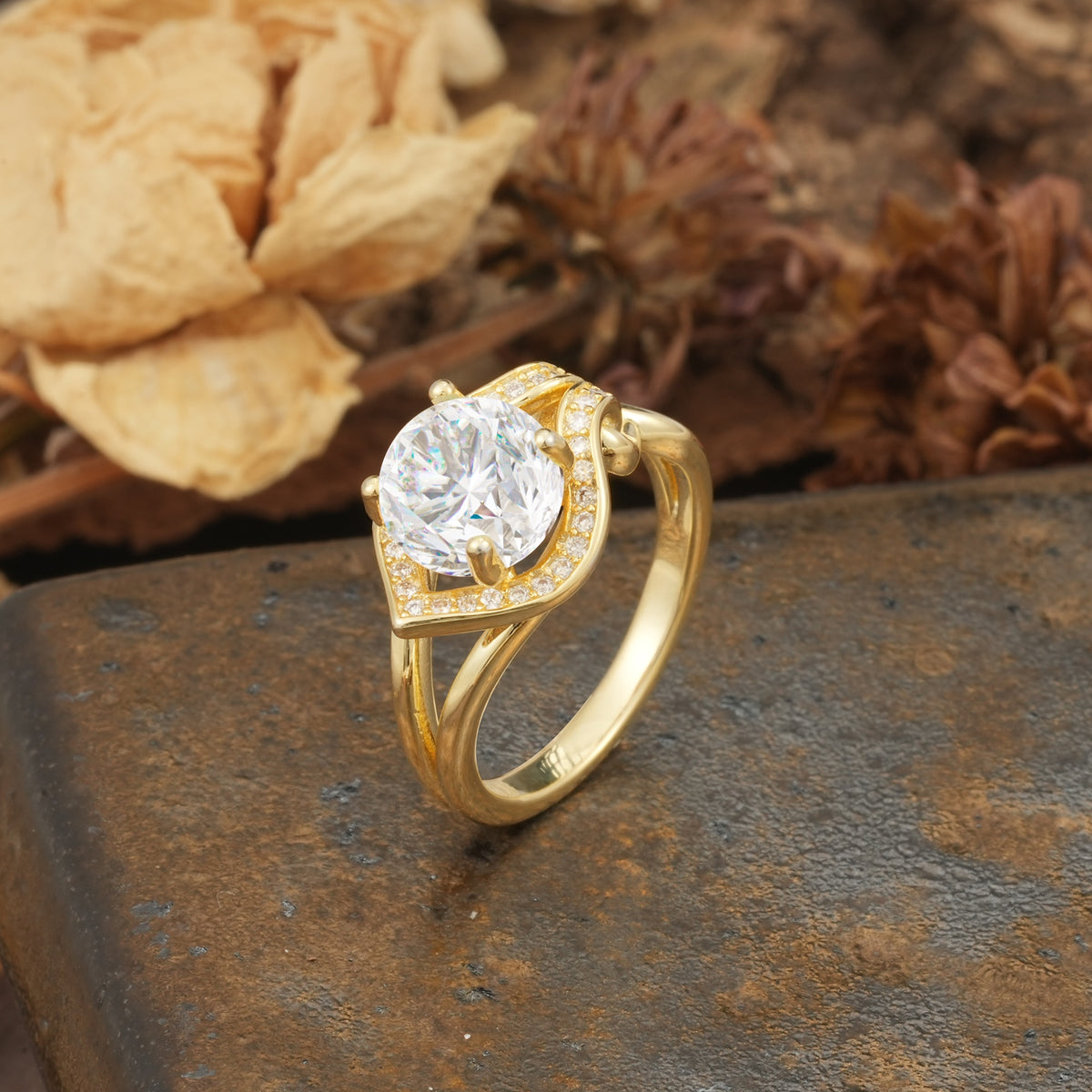 Unique, Luxurious, Twisted 4-Prong Round Cut Moissanite Engagement Ring - Additional view