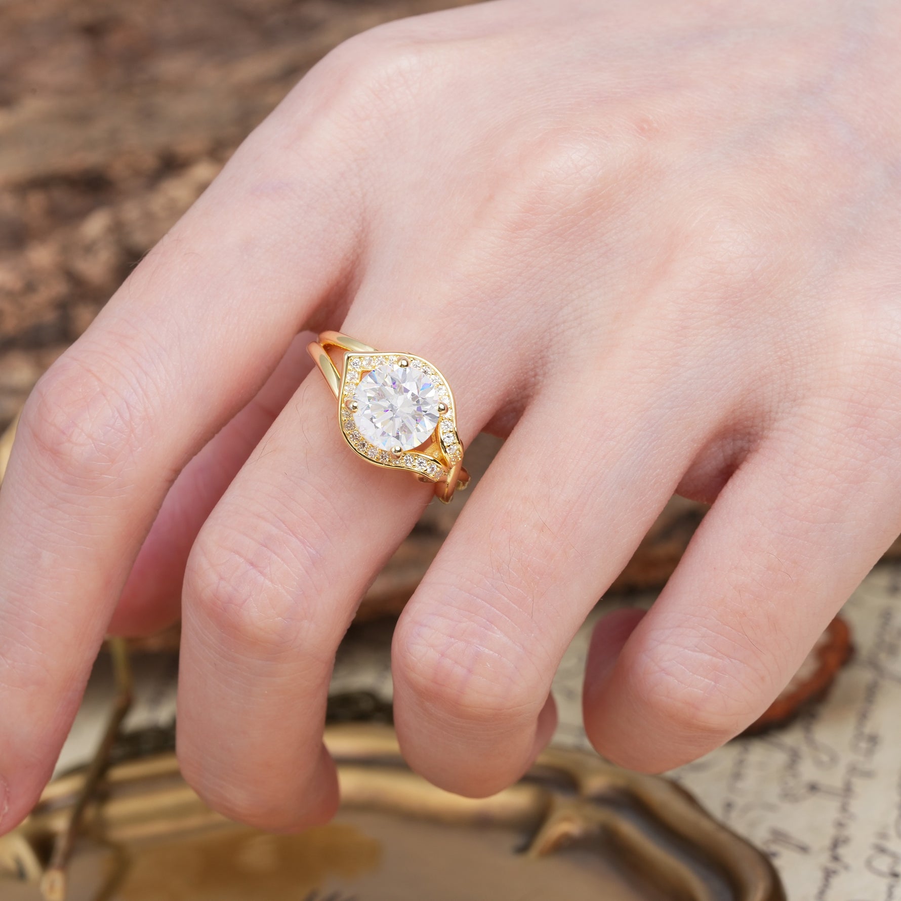 Unique, Luxurious, Twisted 4-Prong Round Cut Moissanite Engagement Ring - Additional view