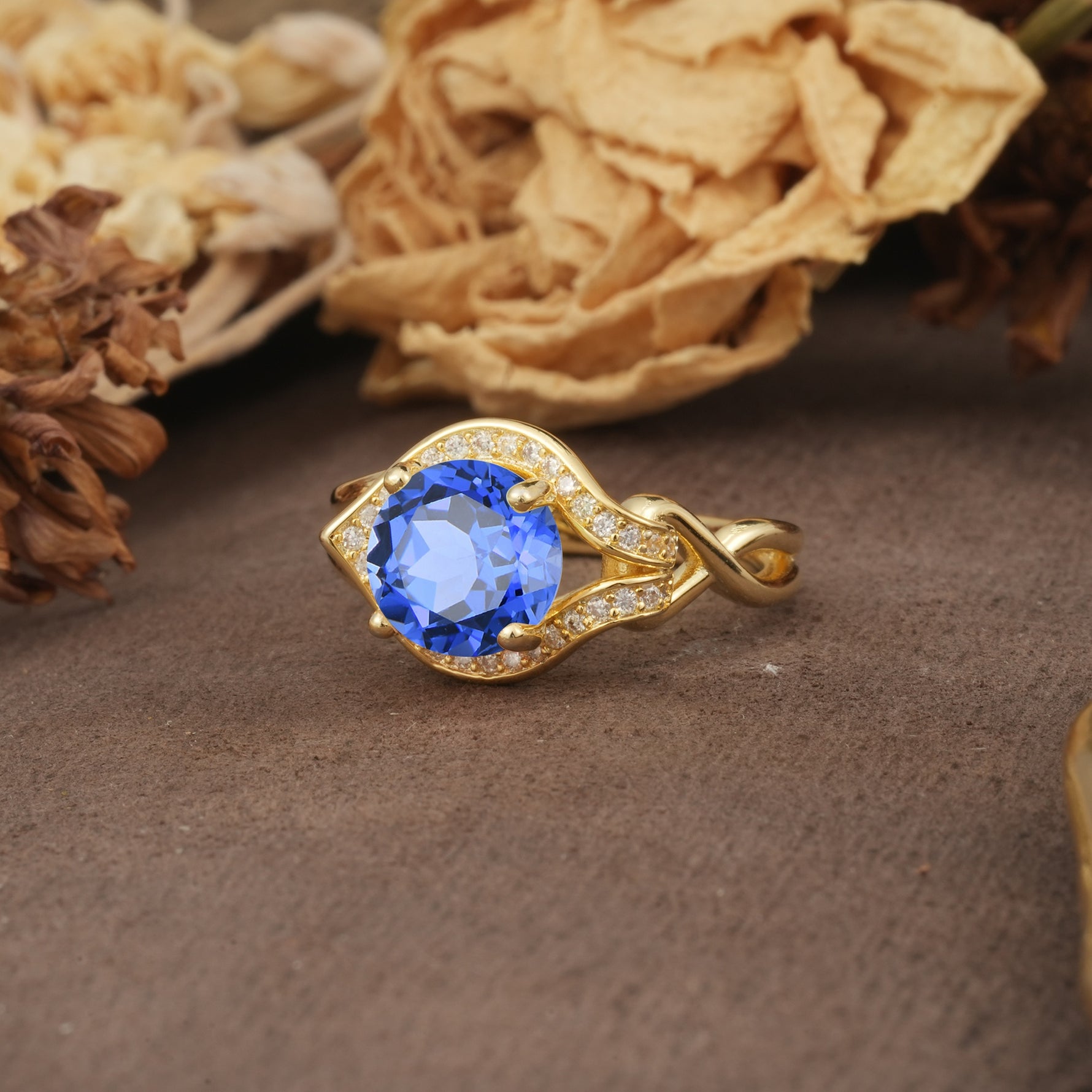 Unique, Luxurious, Twisted 4-Prong Round Cut Sapphire Engagement Ring - Additional view