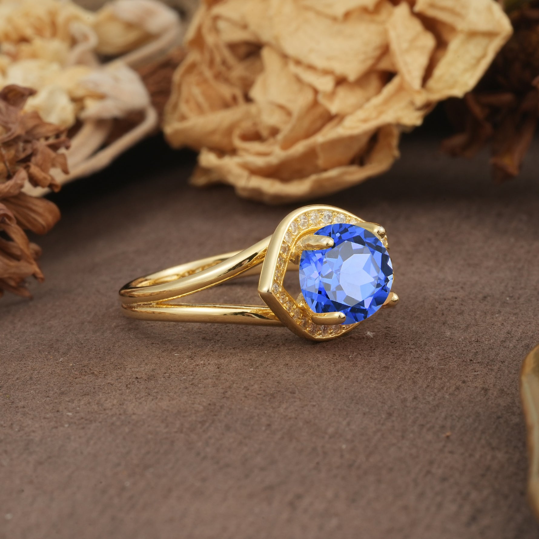 Unique, Luxurious, Twisted 4-Prong Round Cut Sapphire Engagement Ring - Additional view