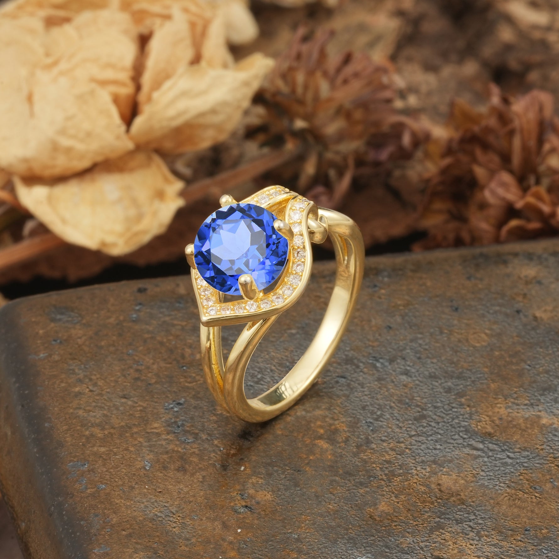 Unique, Luxurious, Twisted 4-Prong Round Cut Sapphire Engagement Ring - Additional view