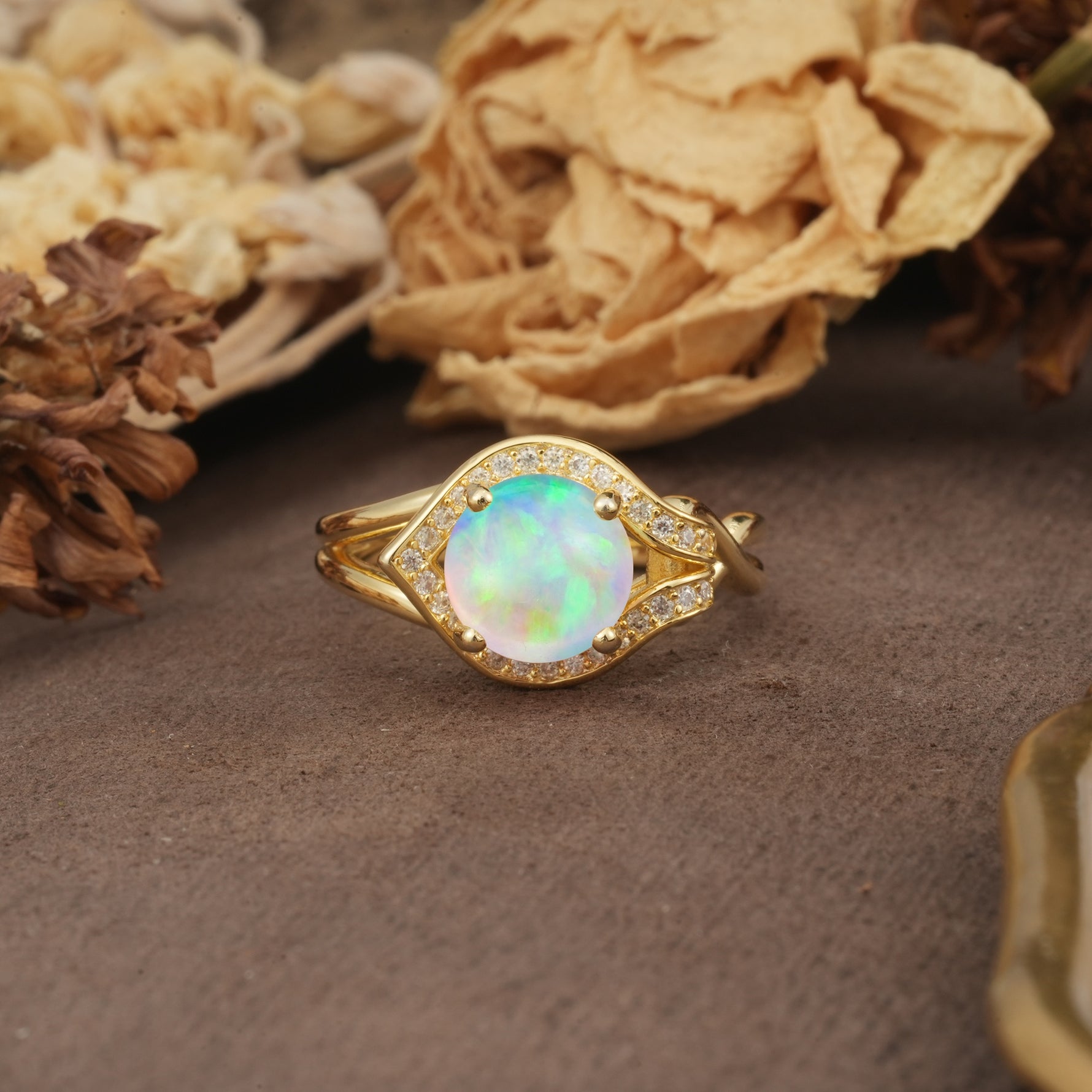 Unique, Luxurious, Twisted 4-Prong Round Cut Fire Opal Engagement Ring - Additional view