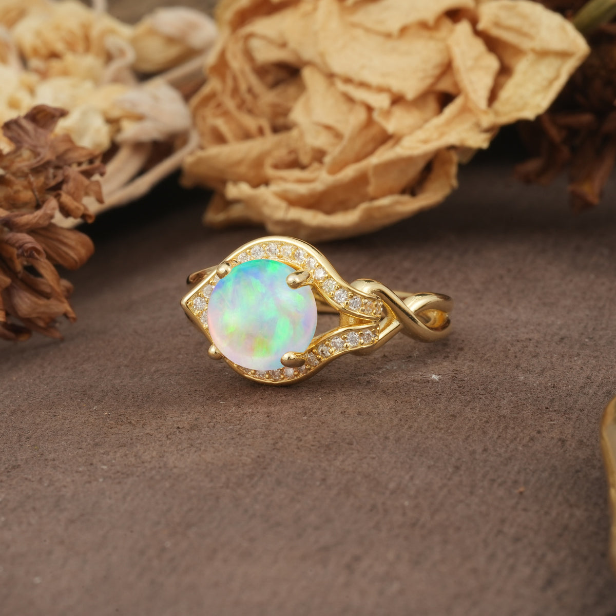 Unique, Luxurious, Twisted 4-Prong Round Cut Fire Opal Engagement Ring - Additional view