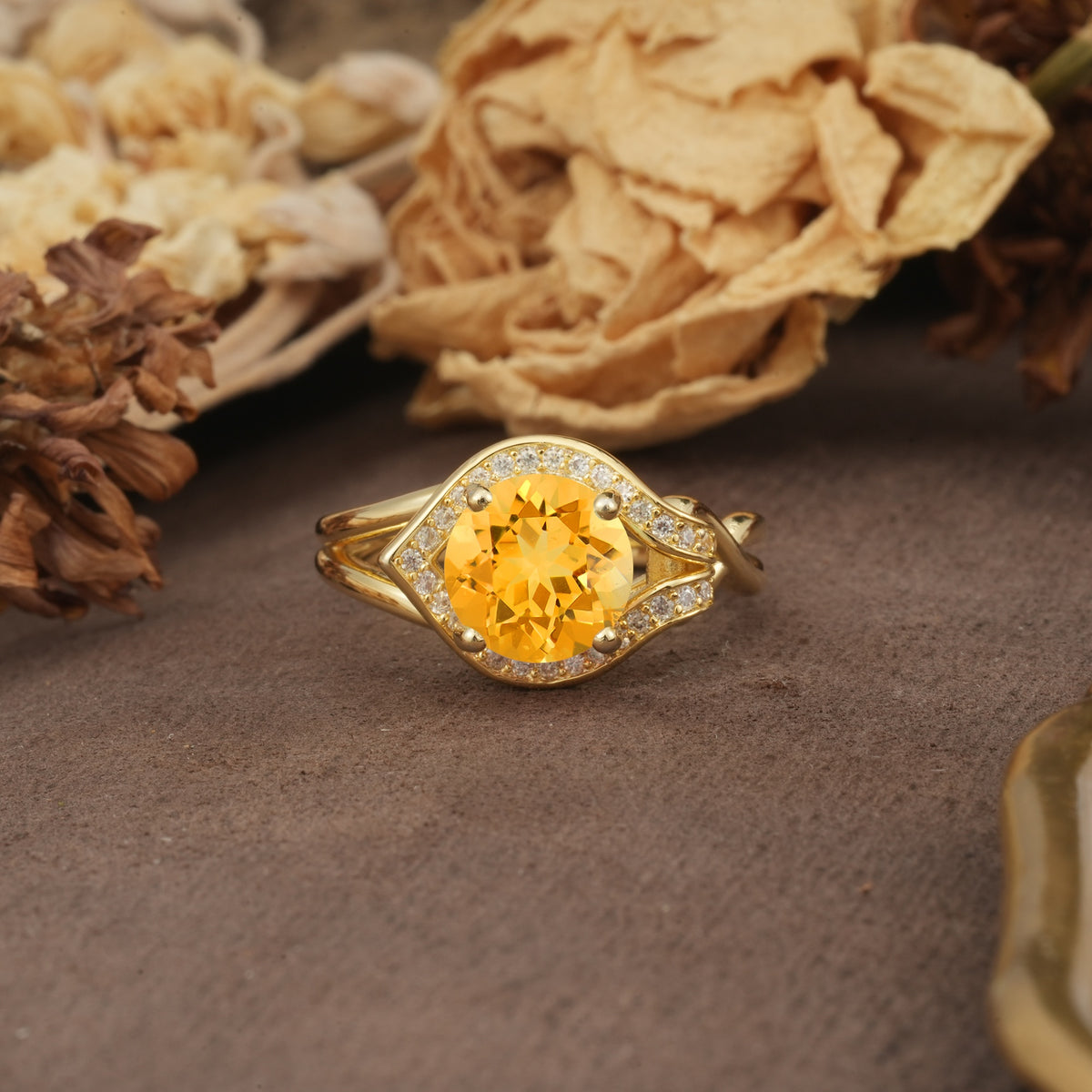 Unique, Luxurious, Twisted 4-Prong Round Cut Citrine Engagement Ring - Additional view