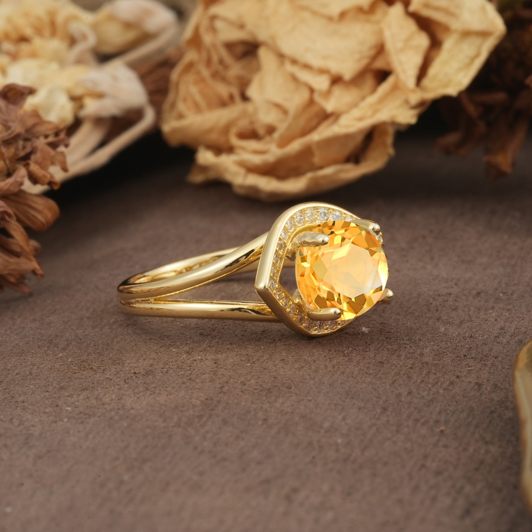 Unique, Luxurious, Twisted 4-Prong Round Cut Citrine Engagement Ring - Additional view