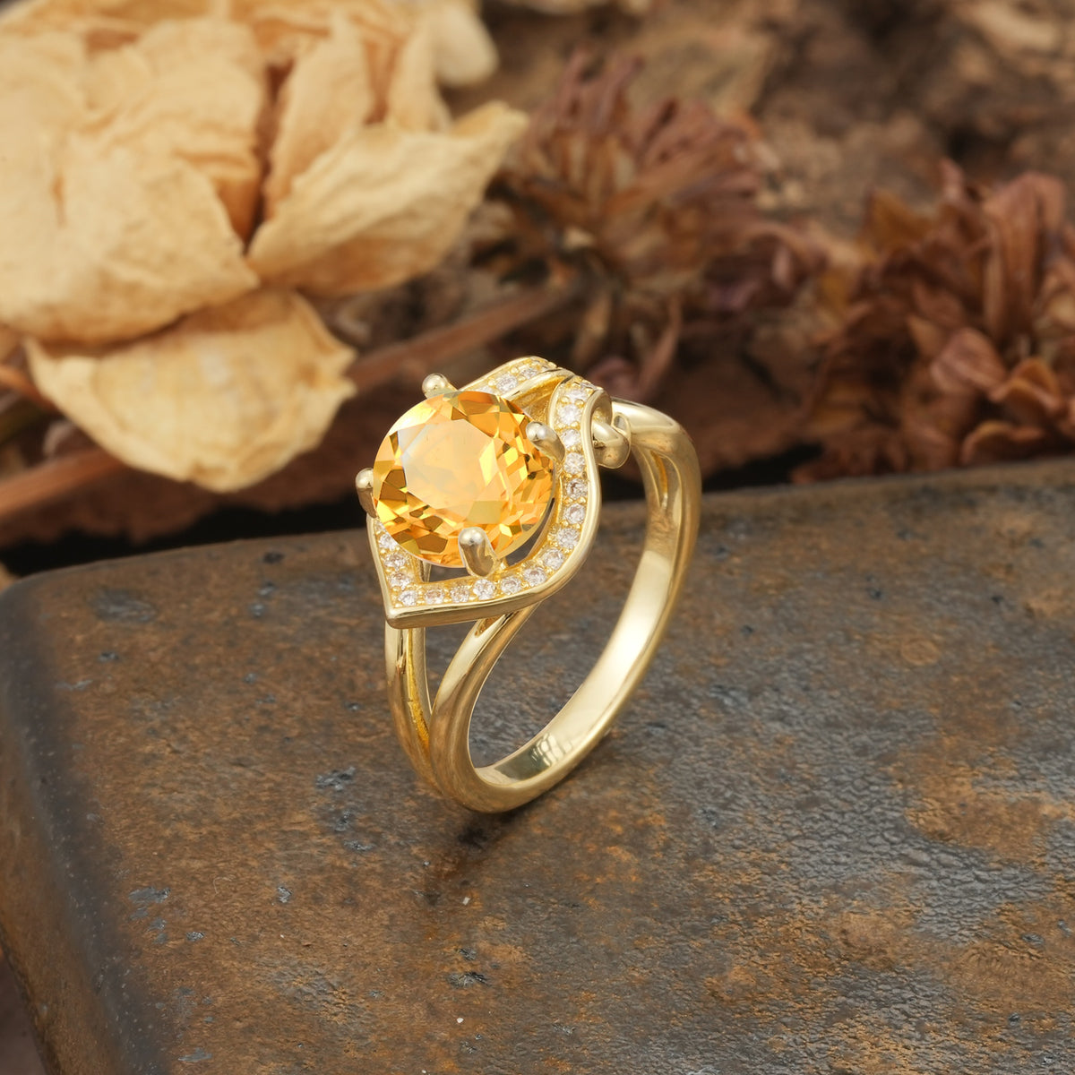 Unique, Luxurious, Twisted 4-Prong Round Cut Citrine Engagement Ring - Additional view