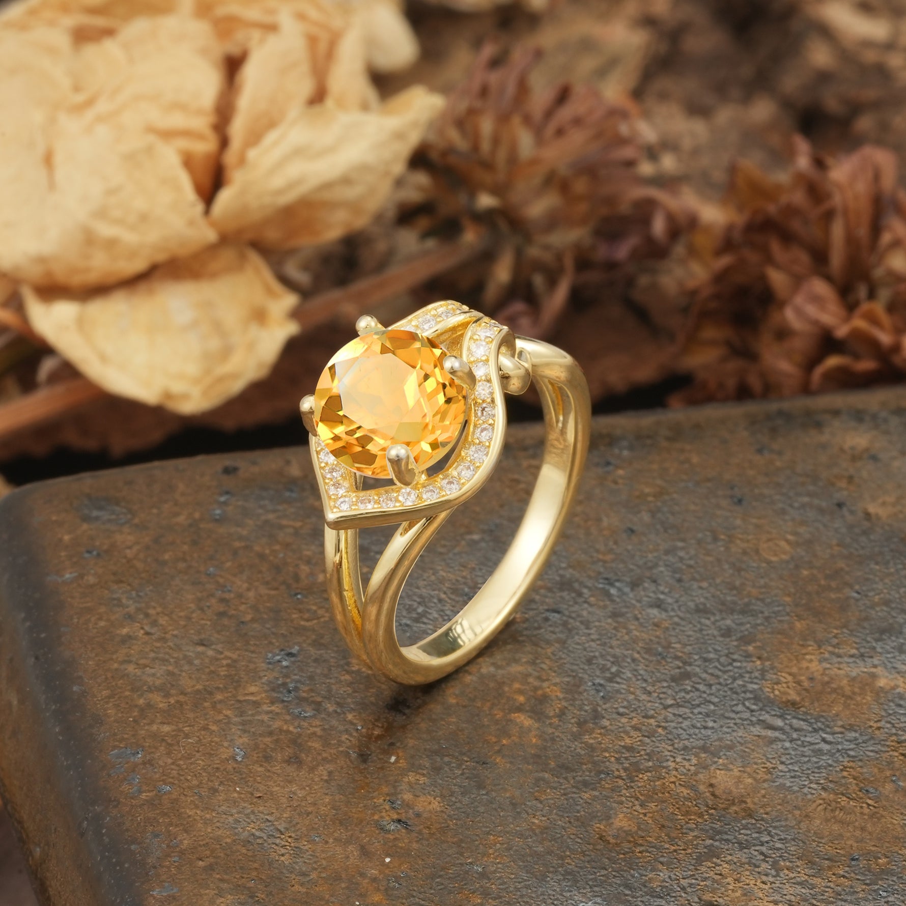 Unique, Luxurious, Twisted 4-Prong Round Cut Citrine Engagement Ring - Additional view