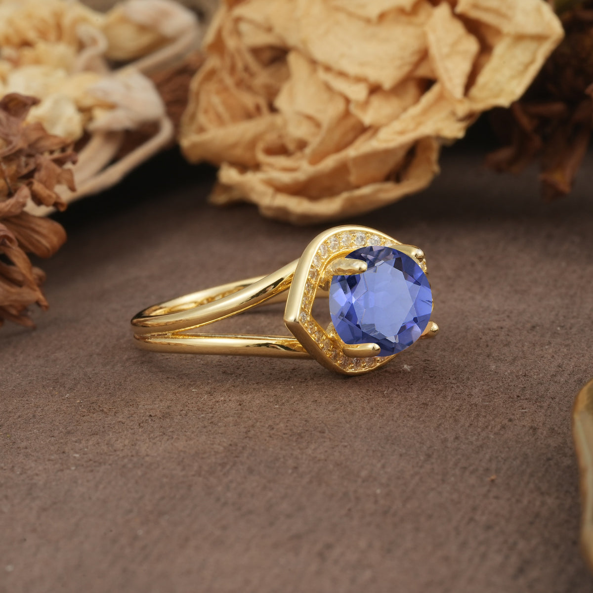 Unique, Luxurious, Twisted 4-Prong Round Cut Tanzanite Engagement Ring - Additional view