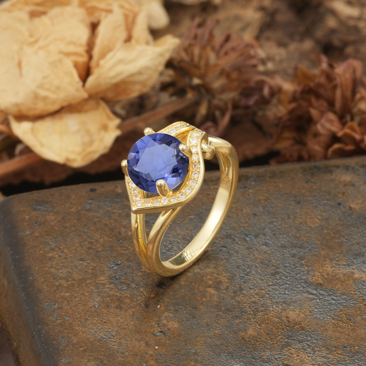 Unique, Luxurious, Twisted 4-Prong Round Cut Tanzanite Engagement Ring - Additional view