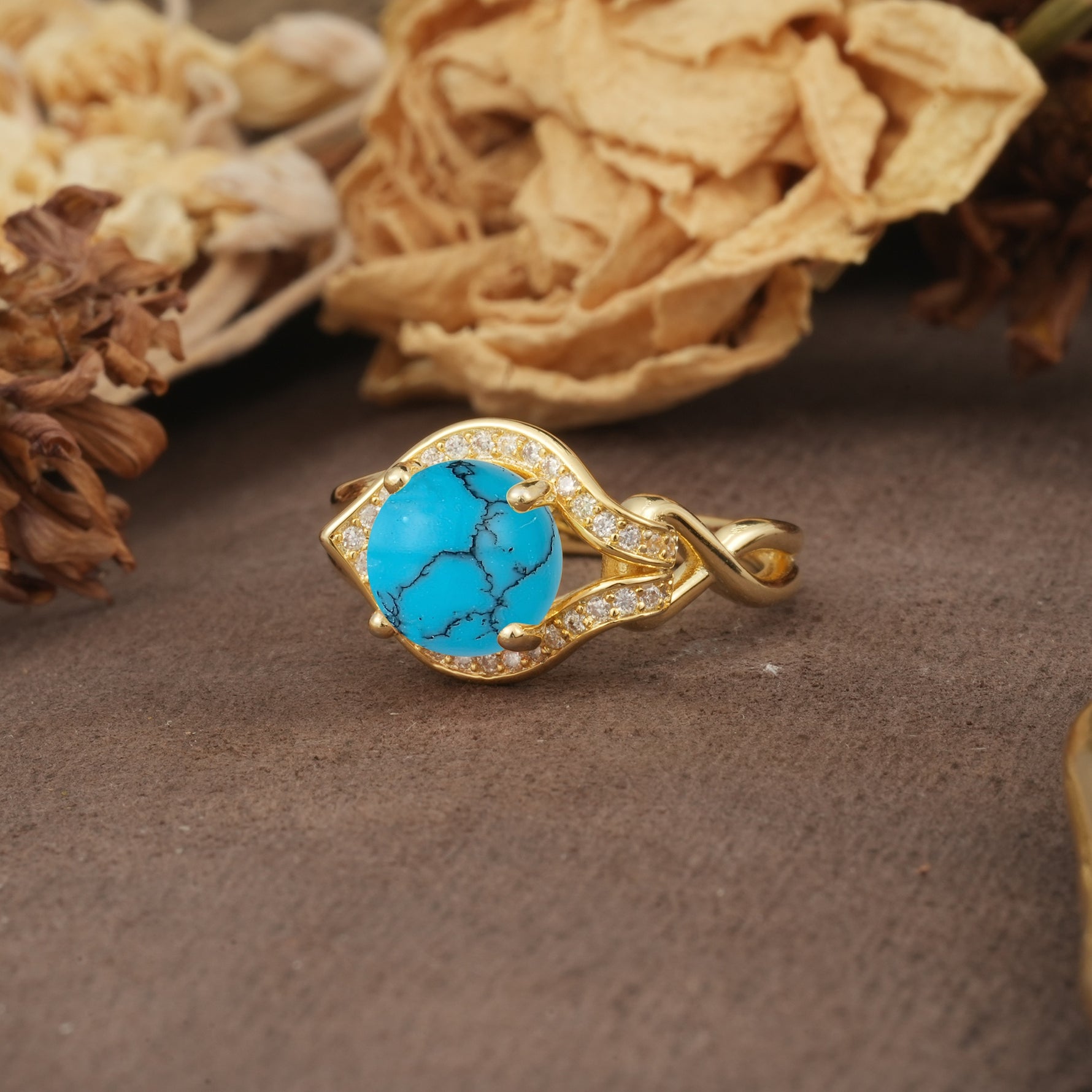 Unique, Luxurious, Twisted 4-Prong Round Cut Turquoise Engagement Ring - Additional view
