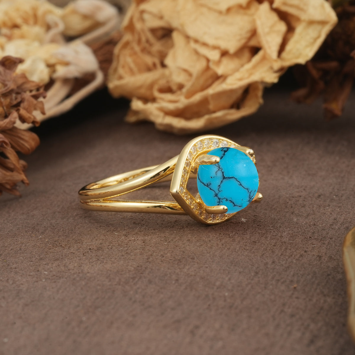 Unique, Luxurious, Twisted 4-Prong Round Cut Turquoise Engagement Ring - Additional view