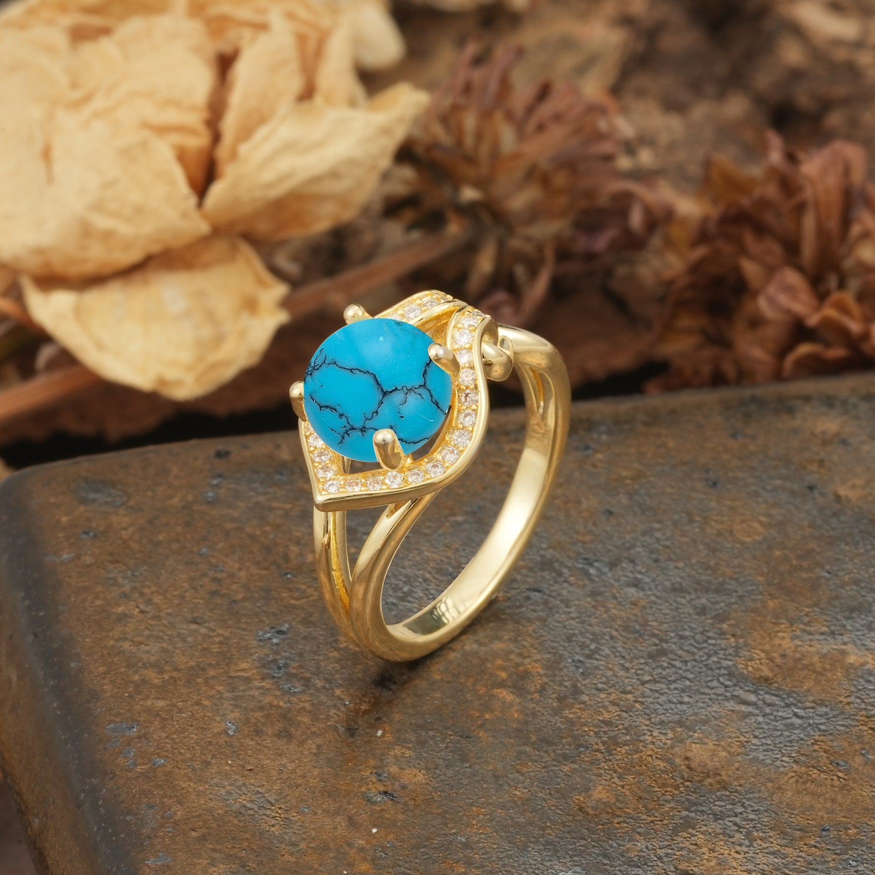 Unique, Luxurious, Twisted 4-Prong Round Cut Turquoise Engagement Ring - Additional view