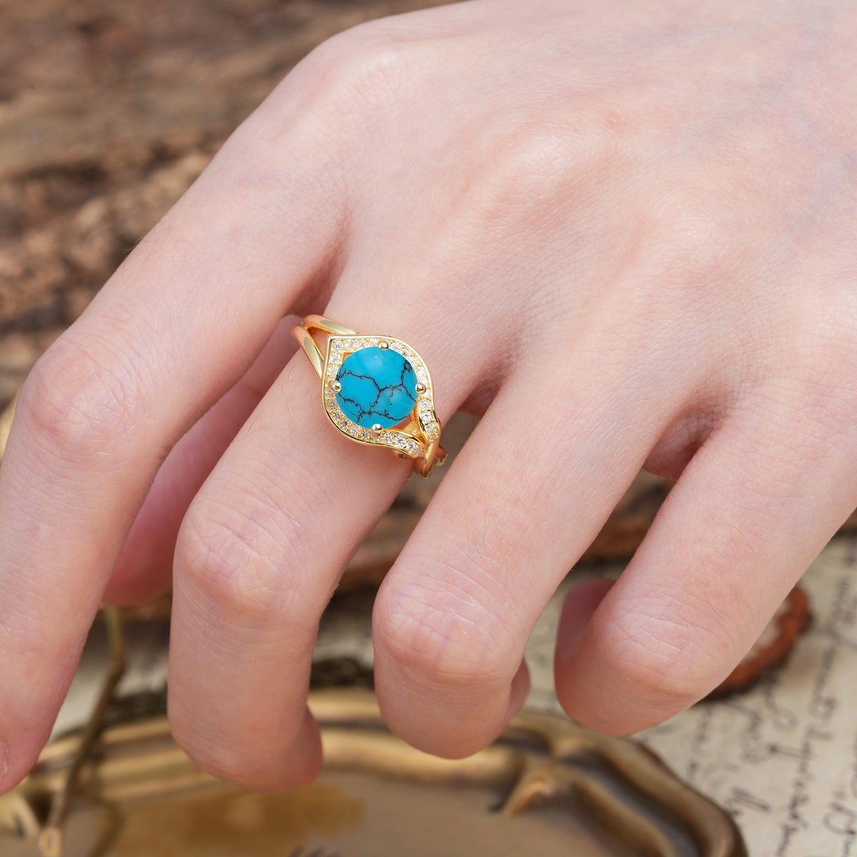 Unique, Luxurious, Twisted 4-Prong Round Cut Turquoise Engagement Ring - Additional view