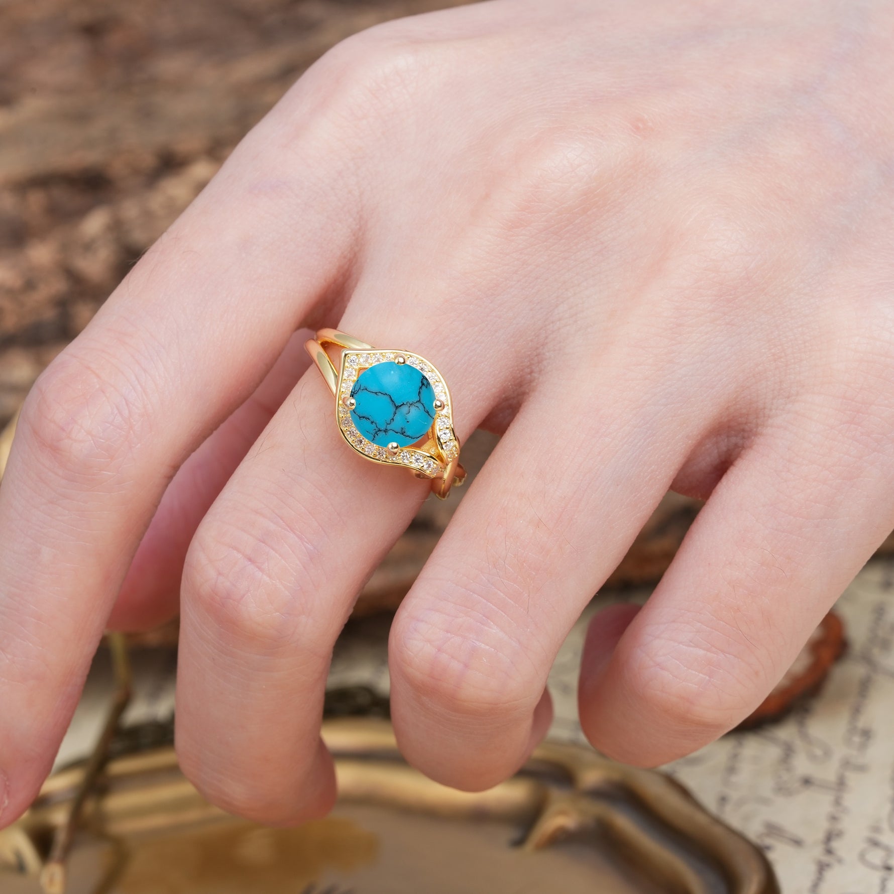 Unique, Luxurious, Twisted 4-Prong Round Cut Turquoise Engagement Ring - Additional view