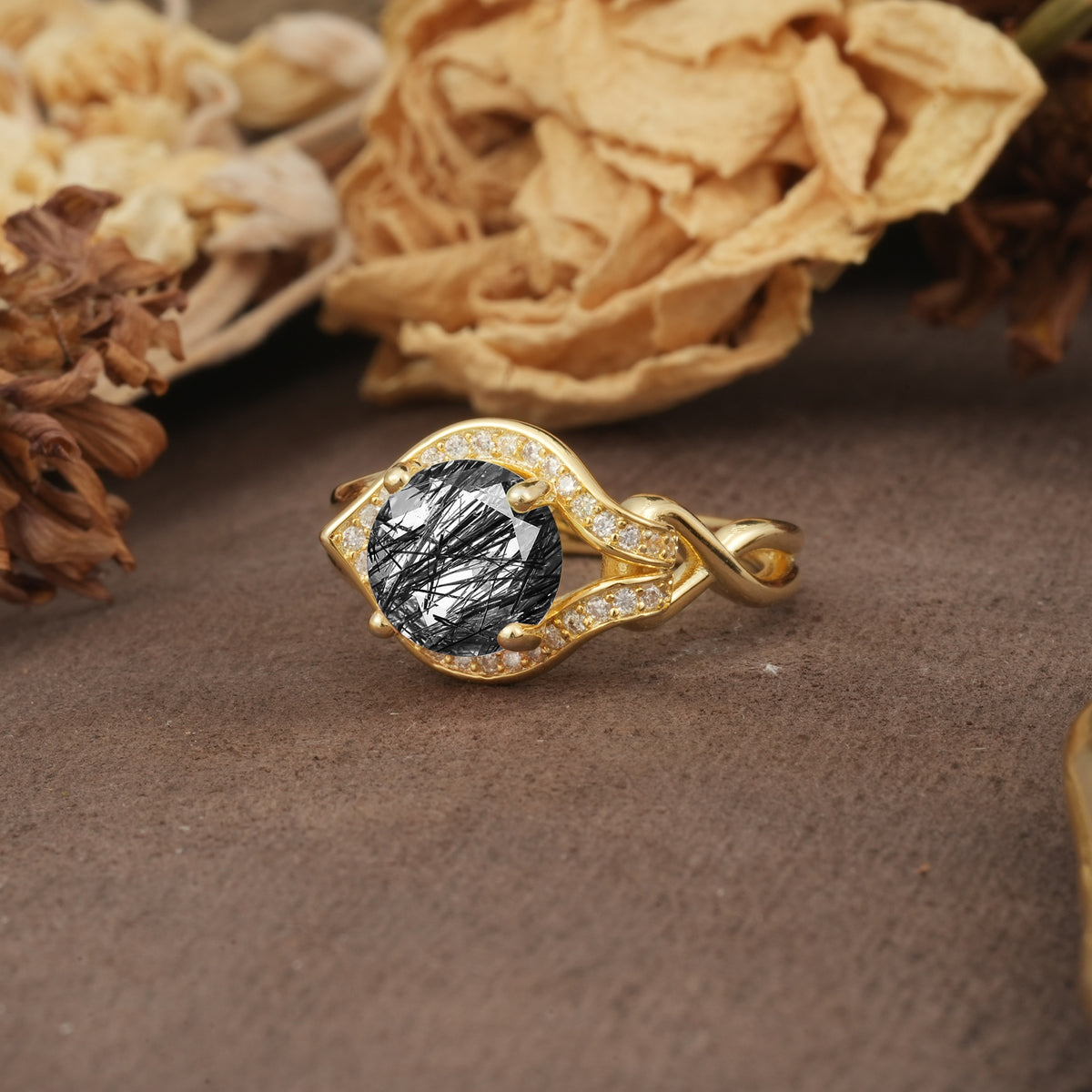 Unique, Luxurious, Twisted 4-Prong Round Cut Black Rutilated Quartz Engagement Ring - Additional view