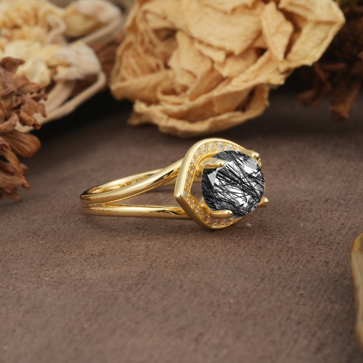 Unique, Luxurious, Twisted 4-Prong Round Cut Black Rutilated Quartz Engagement Ring - Additional view