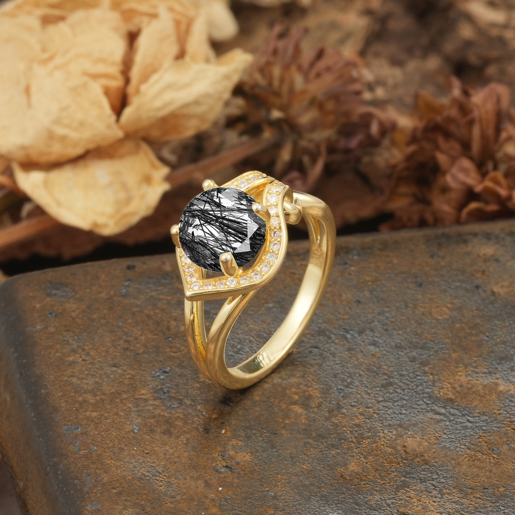 Unique, Luxurious, Twisted 4-Prong Round Cut Black Rutilated Quartz Engagement Ring - Additional view