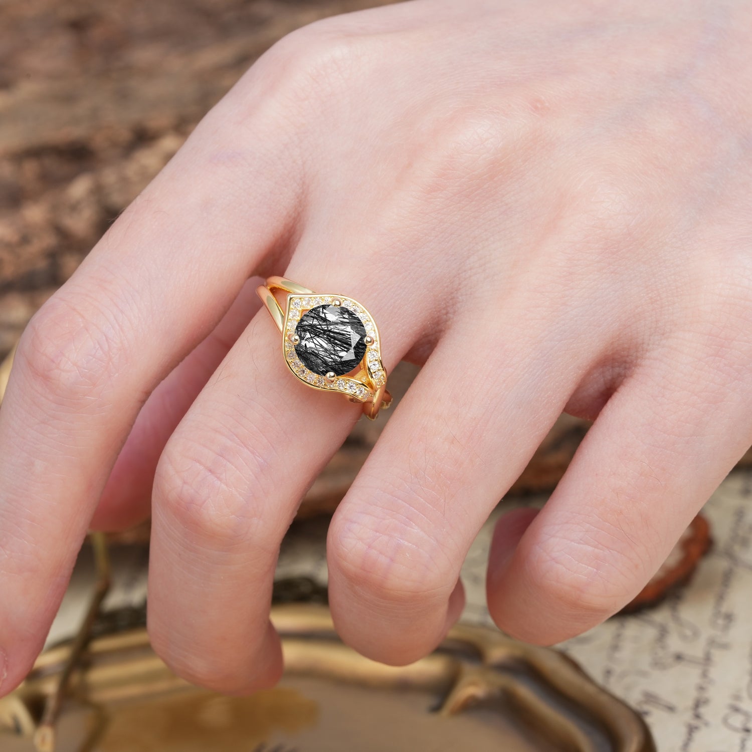 Unique, Luxurious, Twisted 4-Prong Round Cut Black Rutilated Quartz Engagement Ring - Additional view