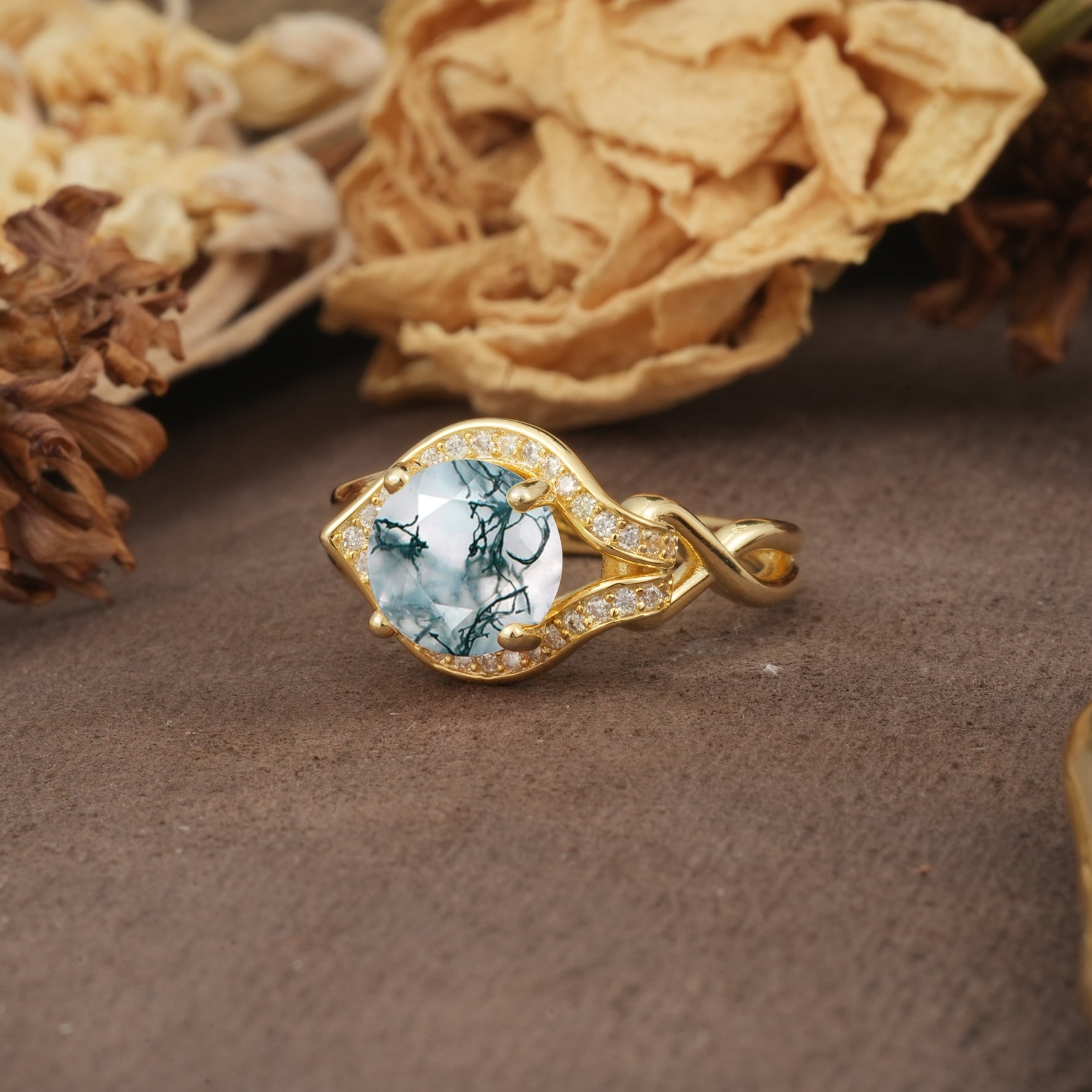 Unique, Luxurious, Twisted 4-Prong Round Cut Moss Agate Engagement Ring - Additional view