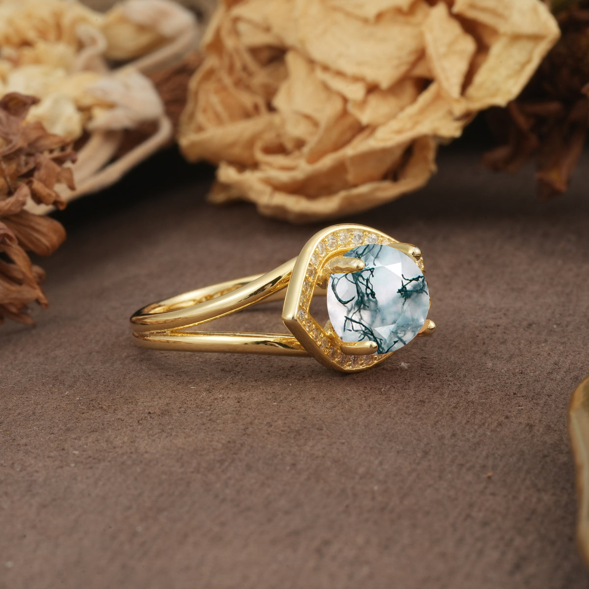 Unique, Luxurious, Twisted 4-Prong Round Cut Moss Agate Engagement Ring - Additional view
