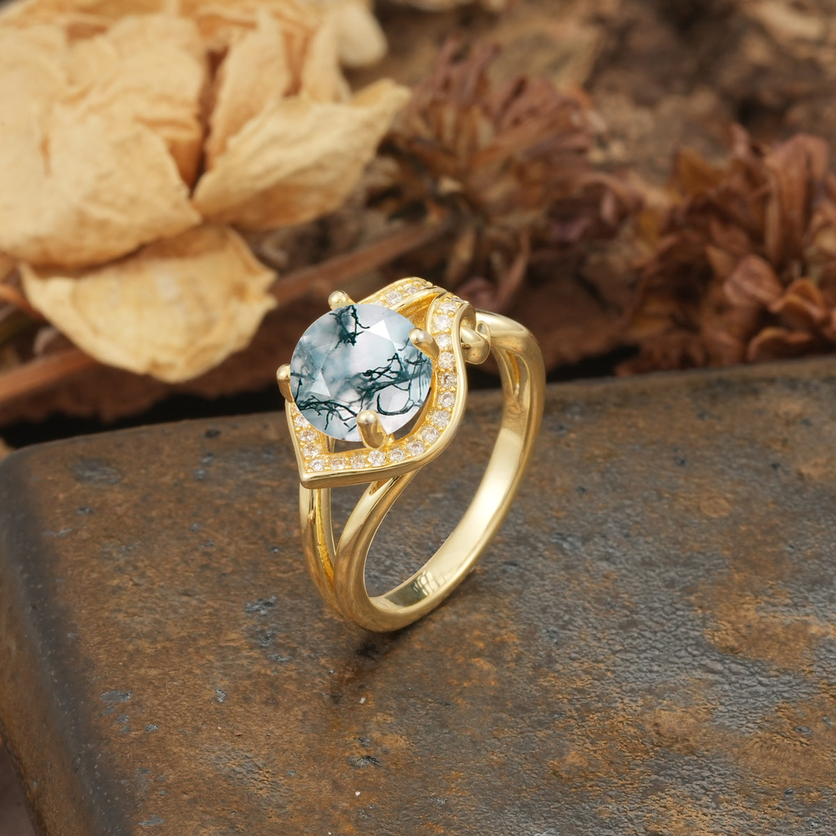 Unique, Luxurious, Twisted 4-Prong Round Cut Moss Agate Engagement Ring - Additional view