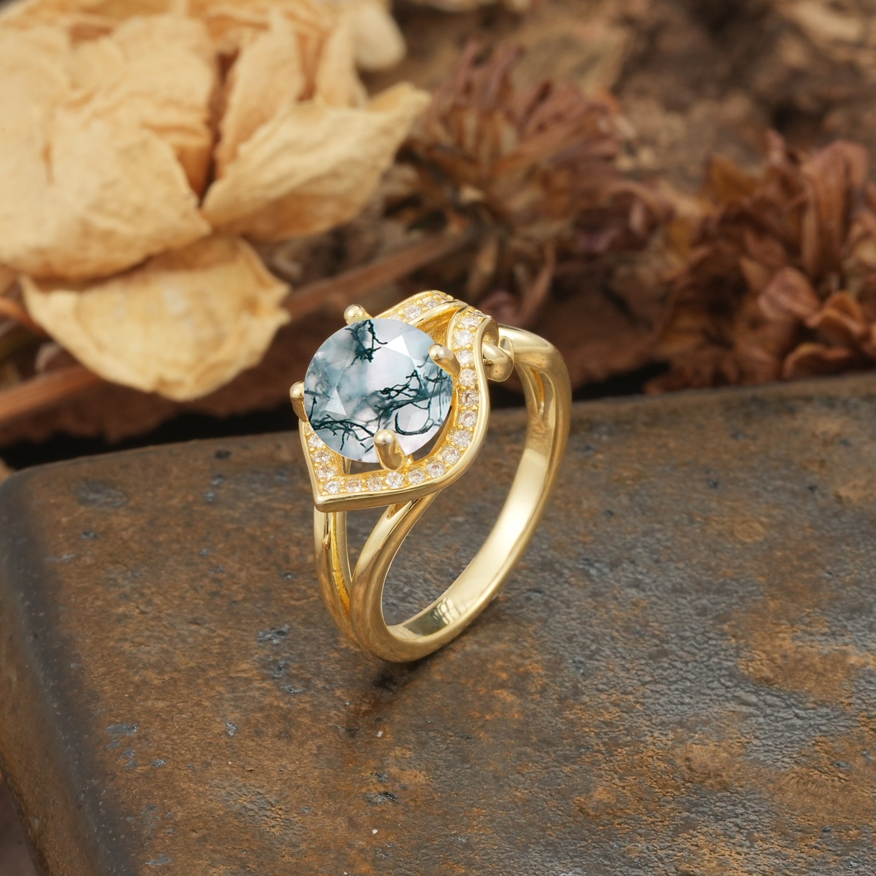 Unique, Luxurious, Twisted 4-Prong Round Cut Moss Agate Engagement Ring - Additional view
