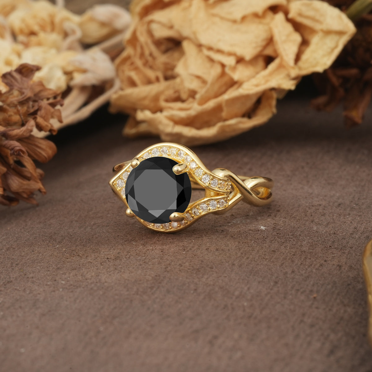 Unique, Luxurious, Twisted 4-Prong Round Cut Black Onyx Engagement Ring - Additional view