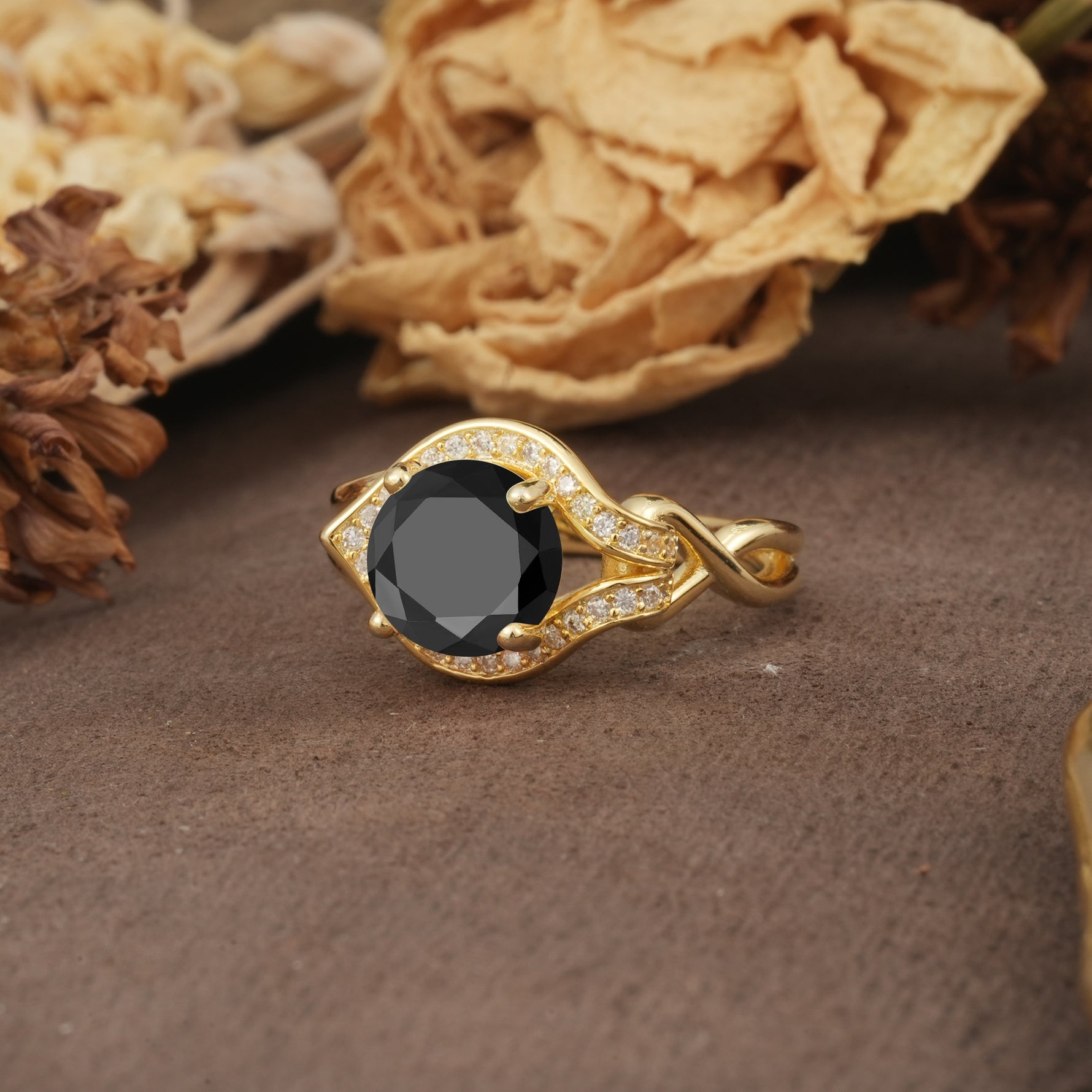 Unique, Luxurious, Twisted 4-Prong Round Cut Black Onyx Engagement Ring - Additional view