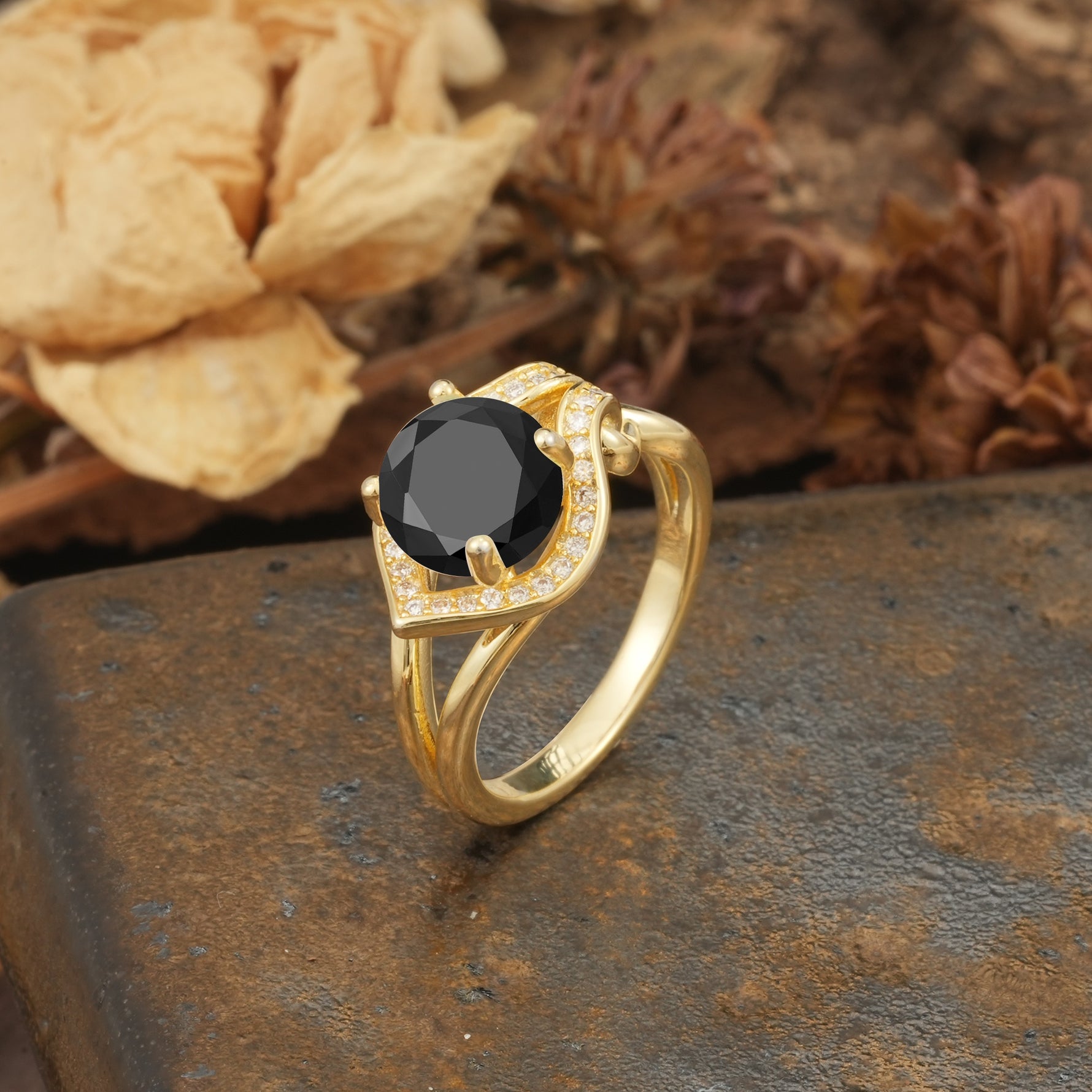 Unique, Luxurious, Twisted 4-Prong Round Cut Black Onyx Engagement Ring - Additional view