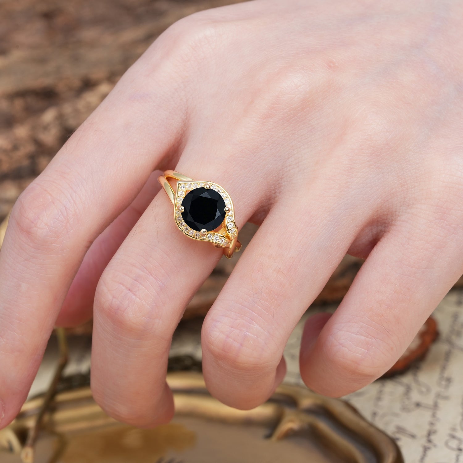 Unique, Luxurious, Twisted 4-Prong Round Cut Black Onyx Engagement Ring - Additional view