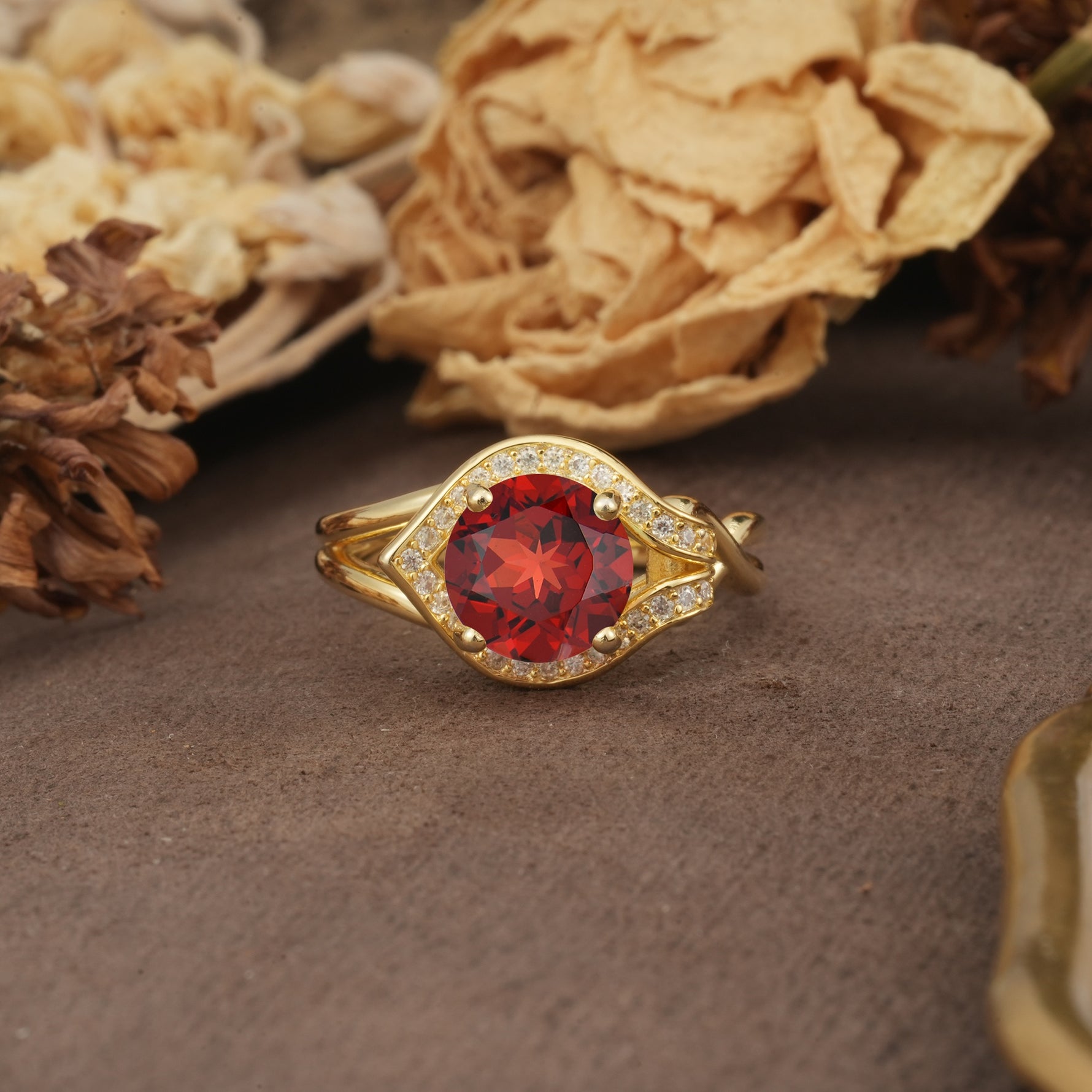 Unique, Luxurious, Twisted 4-Prong Round Cut Garnet Engagement Ring - Additional view