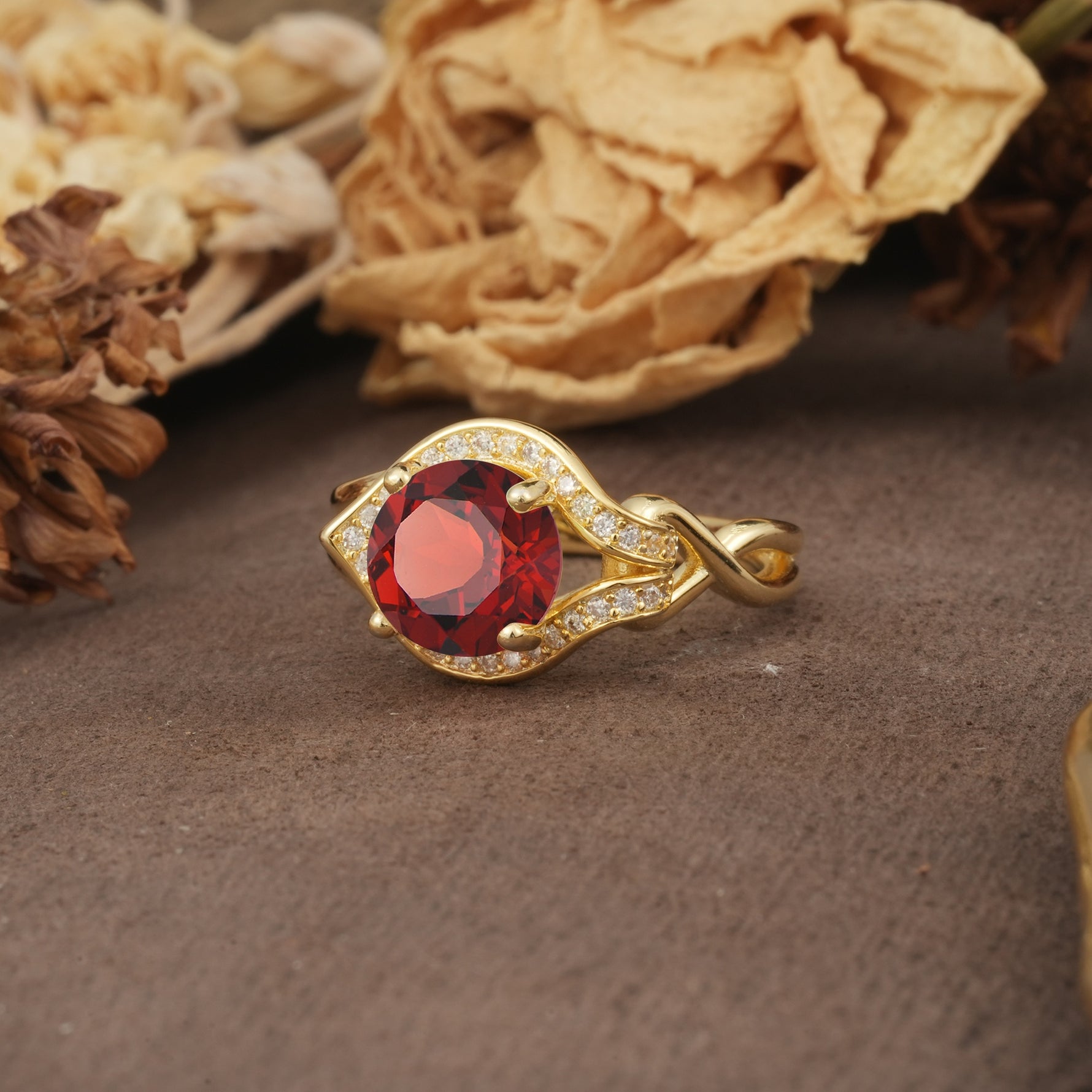 Unique, Luxurious, Twisted 4-Prong Round Cut Garnet Engagement Ring - Additional view