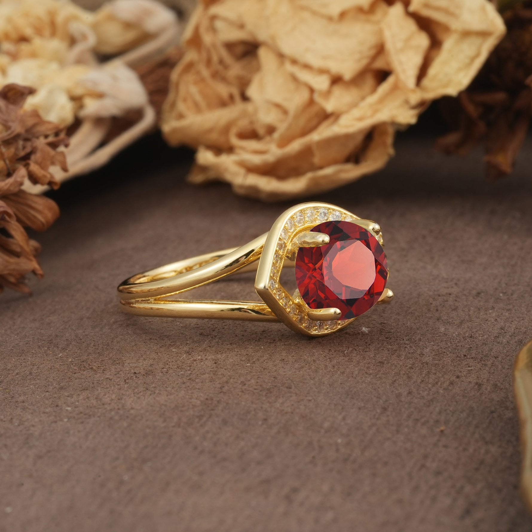 Unique, Luxurious, Twisted 4-Prong Round Cut Garnet Engagement Ring - Additional view