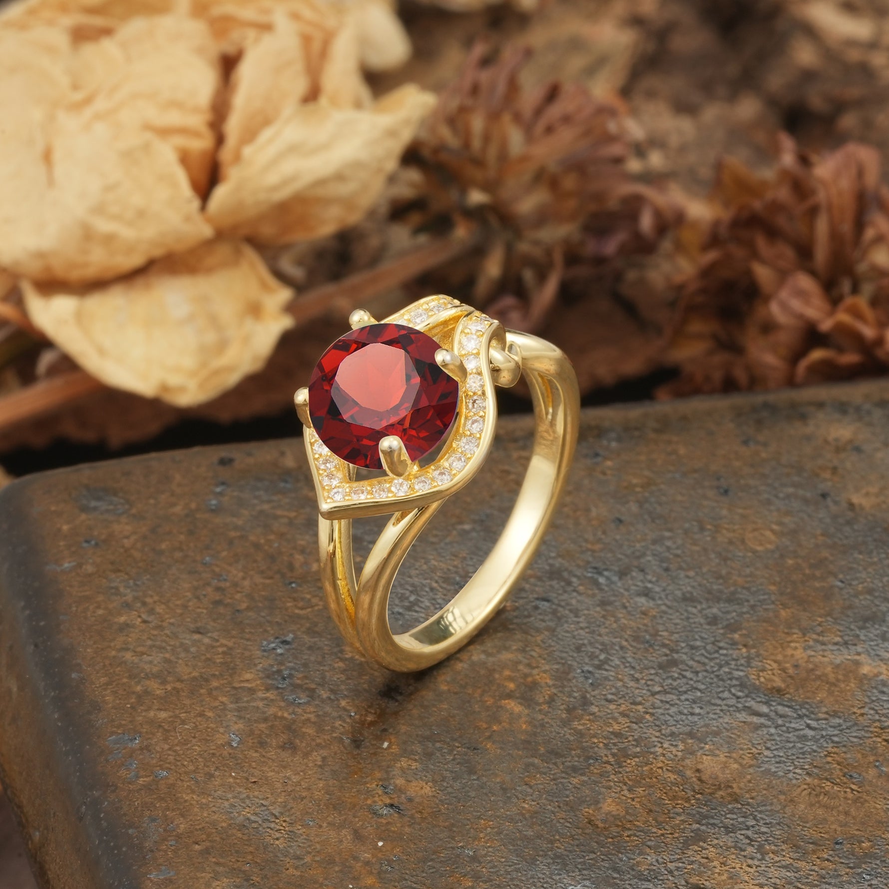 Unique, Luxurious, Twisted 4-Prong Round Cut Garnet Engagement Ring - Additional view