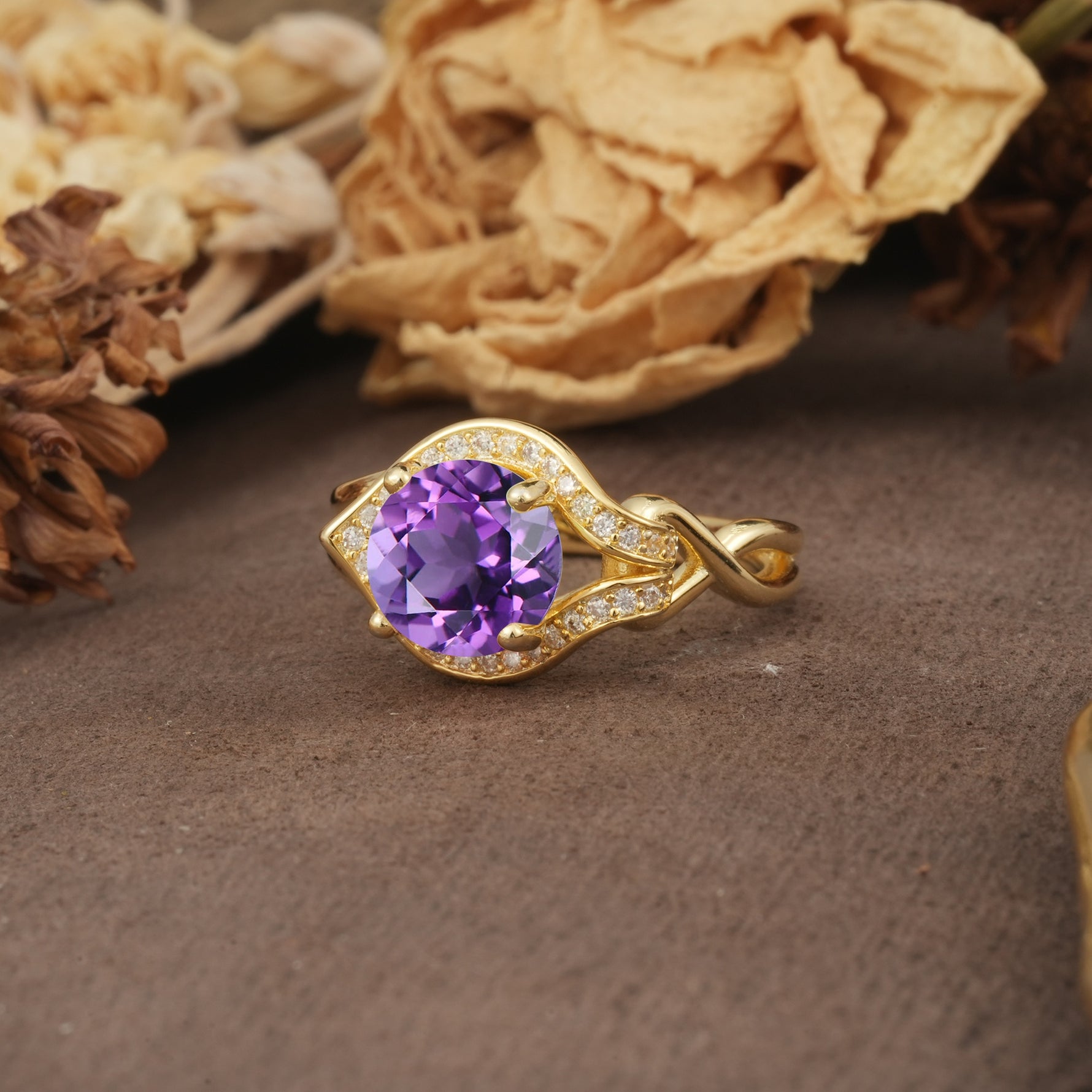 Unique, Luxurious, Twisted 4-Prong Round Cut Amethyst Engagement Ring - Additional view