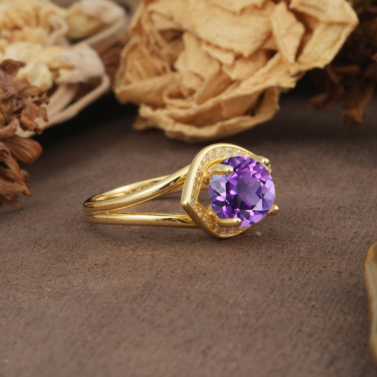 Unique, Luxurious, Twisted 4-Prong Round Cut Amethyst Engagement Ring - Additional view