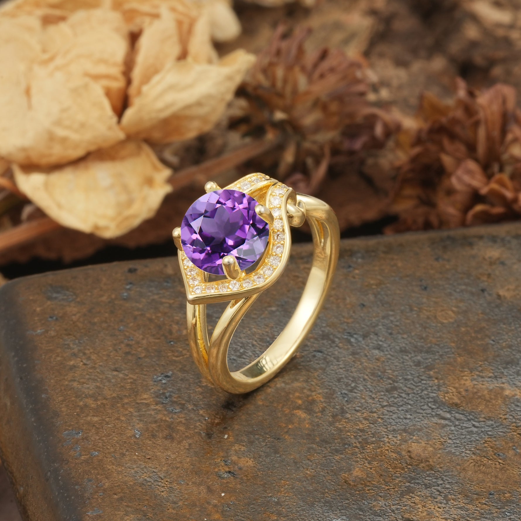 Unique, Luxurious, Twisted 4-Prong Round Cut Amethyst Engagement Ring - Additional view