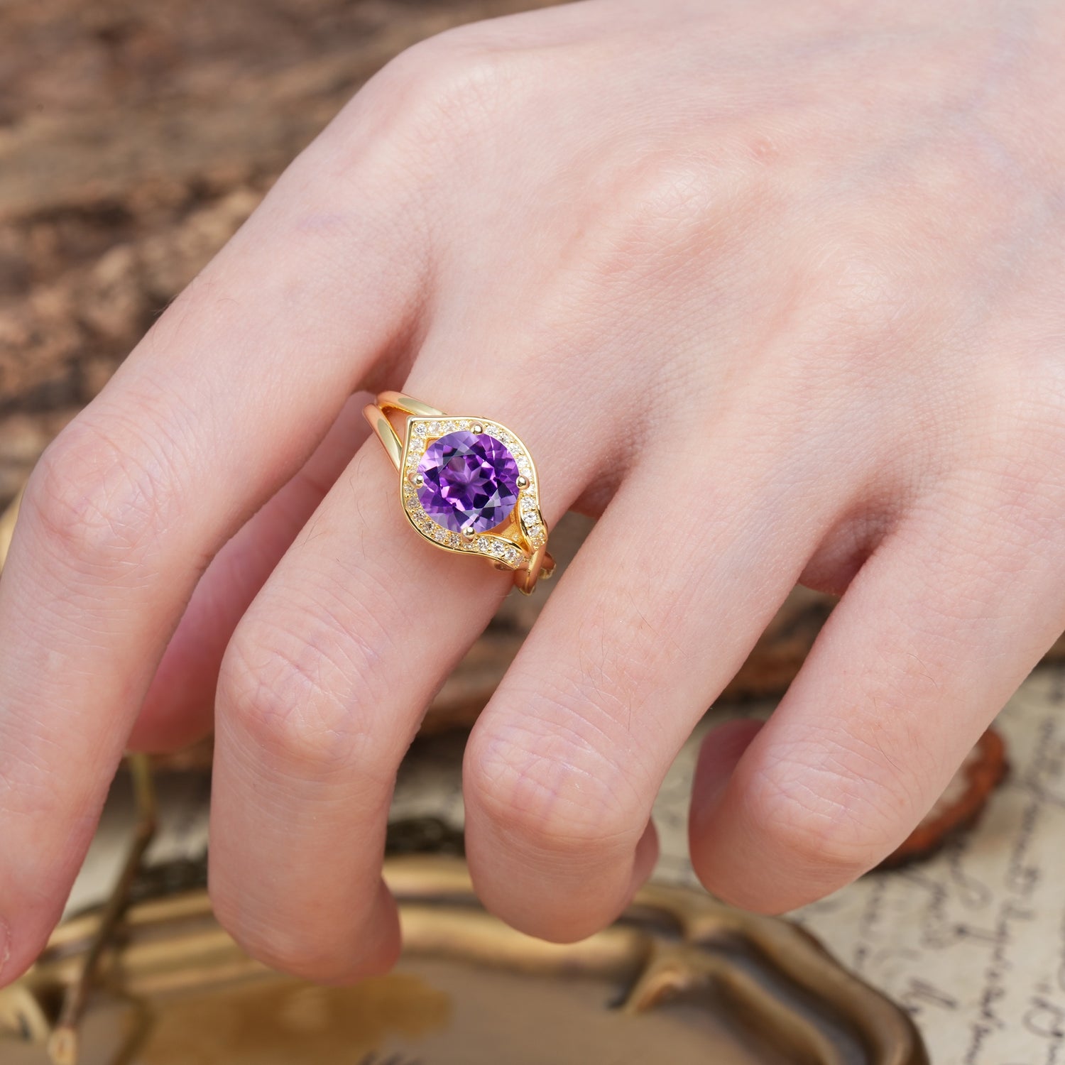Unique, Luxurious, Twisted 4-Prong Round Cut Amethyst Engagement Ring - Additional view