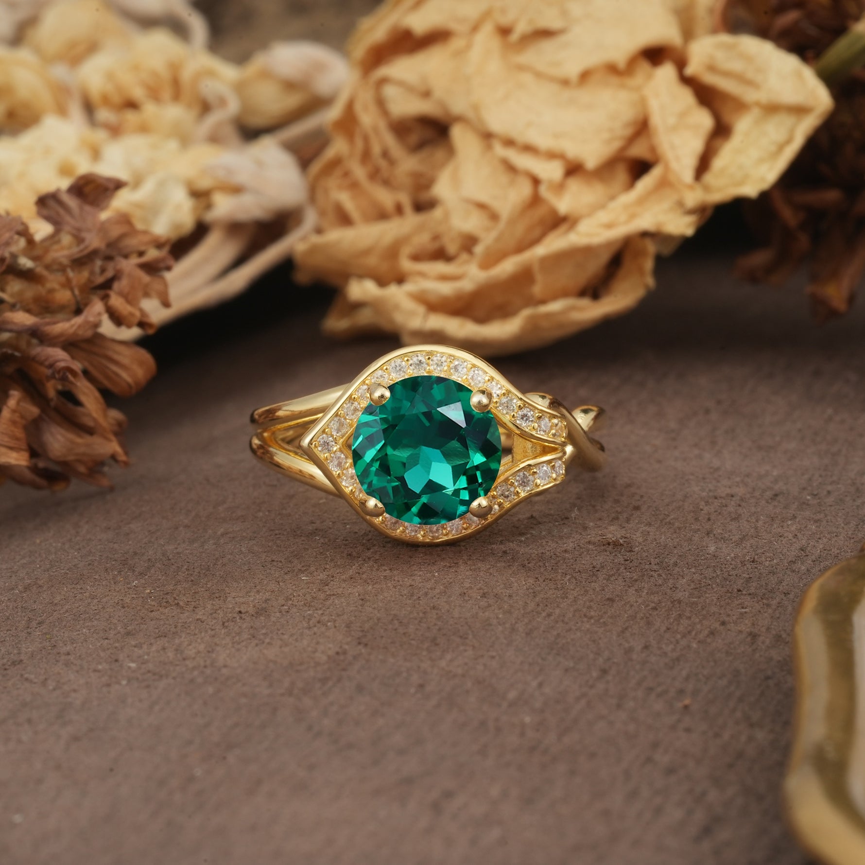 Unique, Luxurious, Twisted 4-Prong Round Cut Emerald Engagement Ring - Additional view