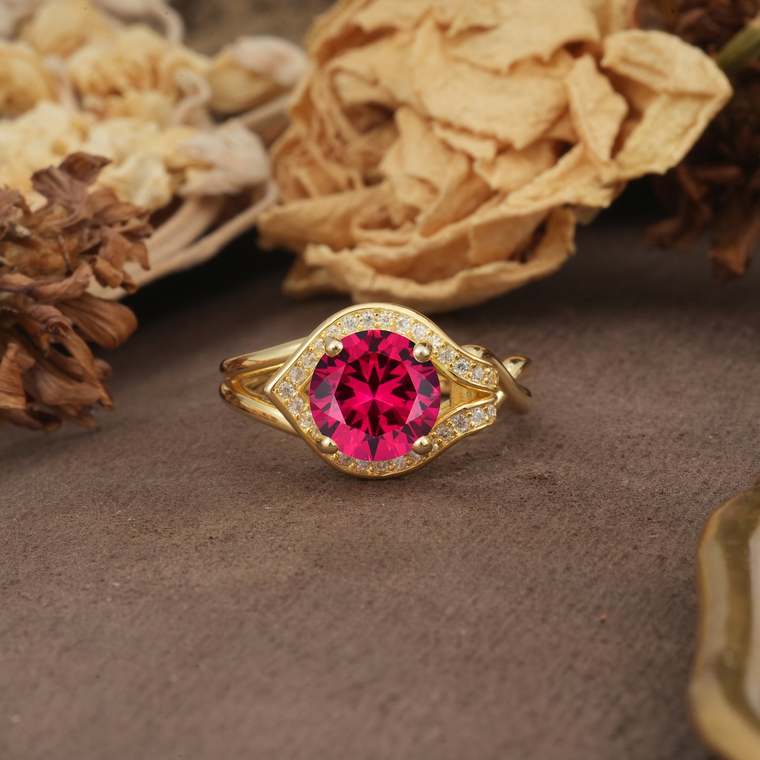 Unique, Luxurious, Twisted 4-Prong Round Cut Ruby Engagement Ring