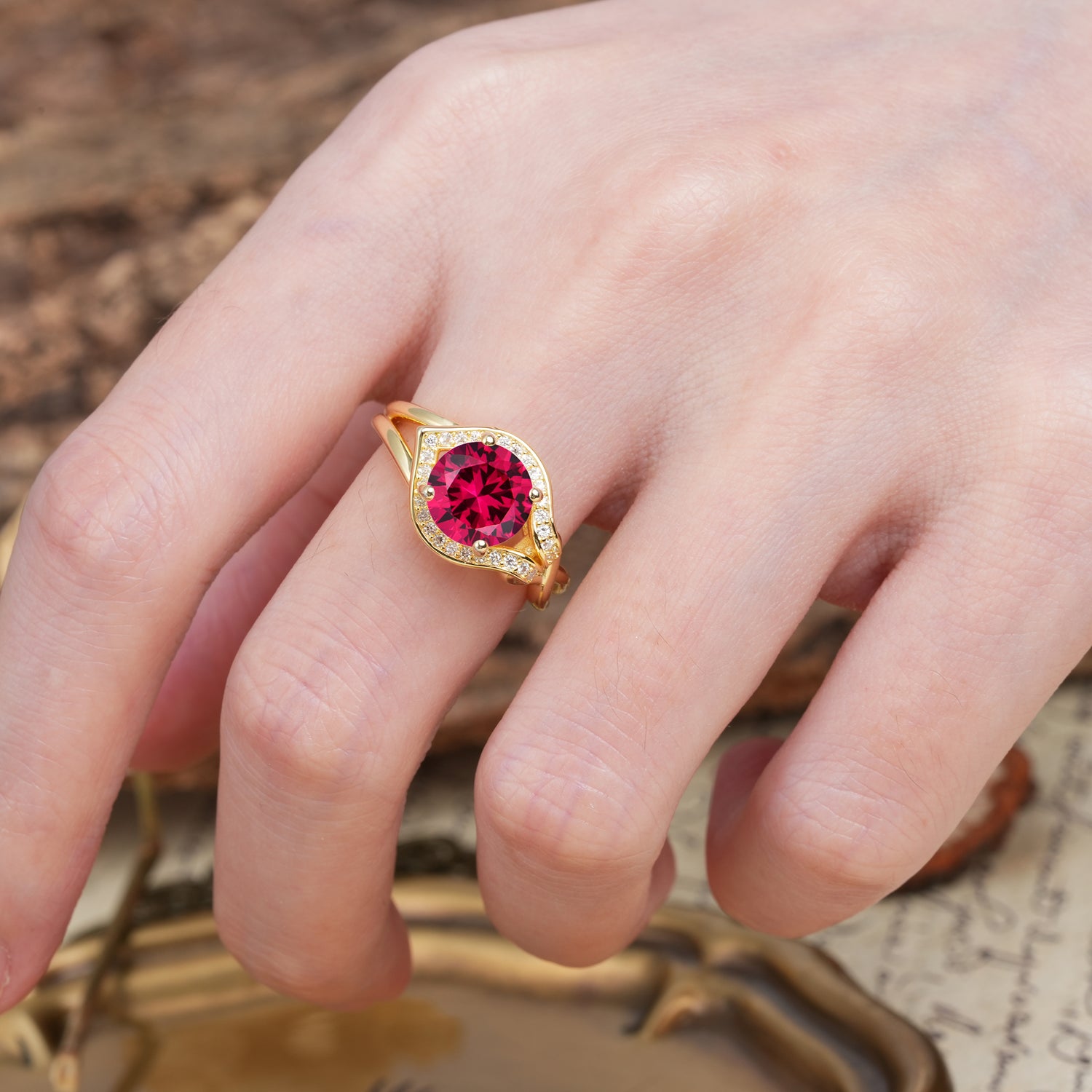 Unique, Luxurious, Twisted 4-Prong Round Cut Ruby Engagement Ring