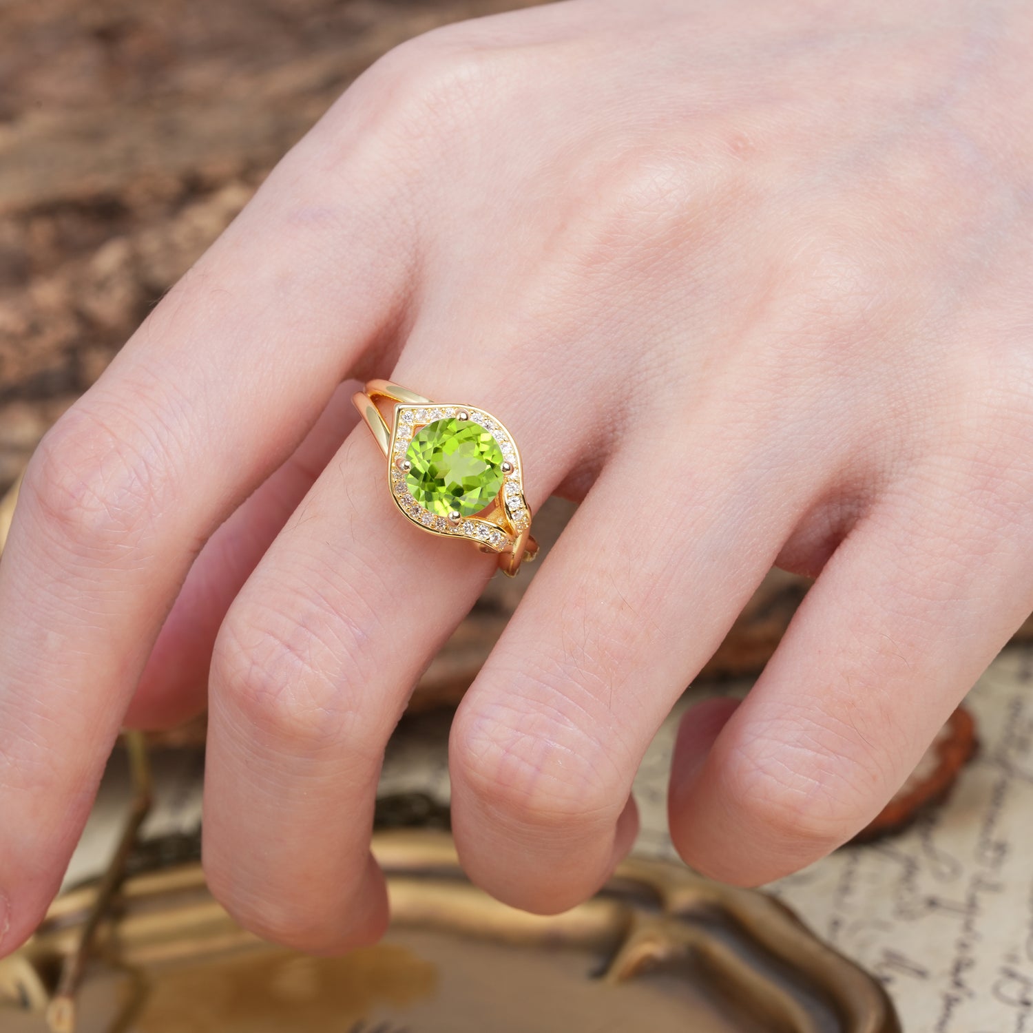 Unique, Luxurious, Twisted 4-Prong Round Cut Peridot Engagement Ring