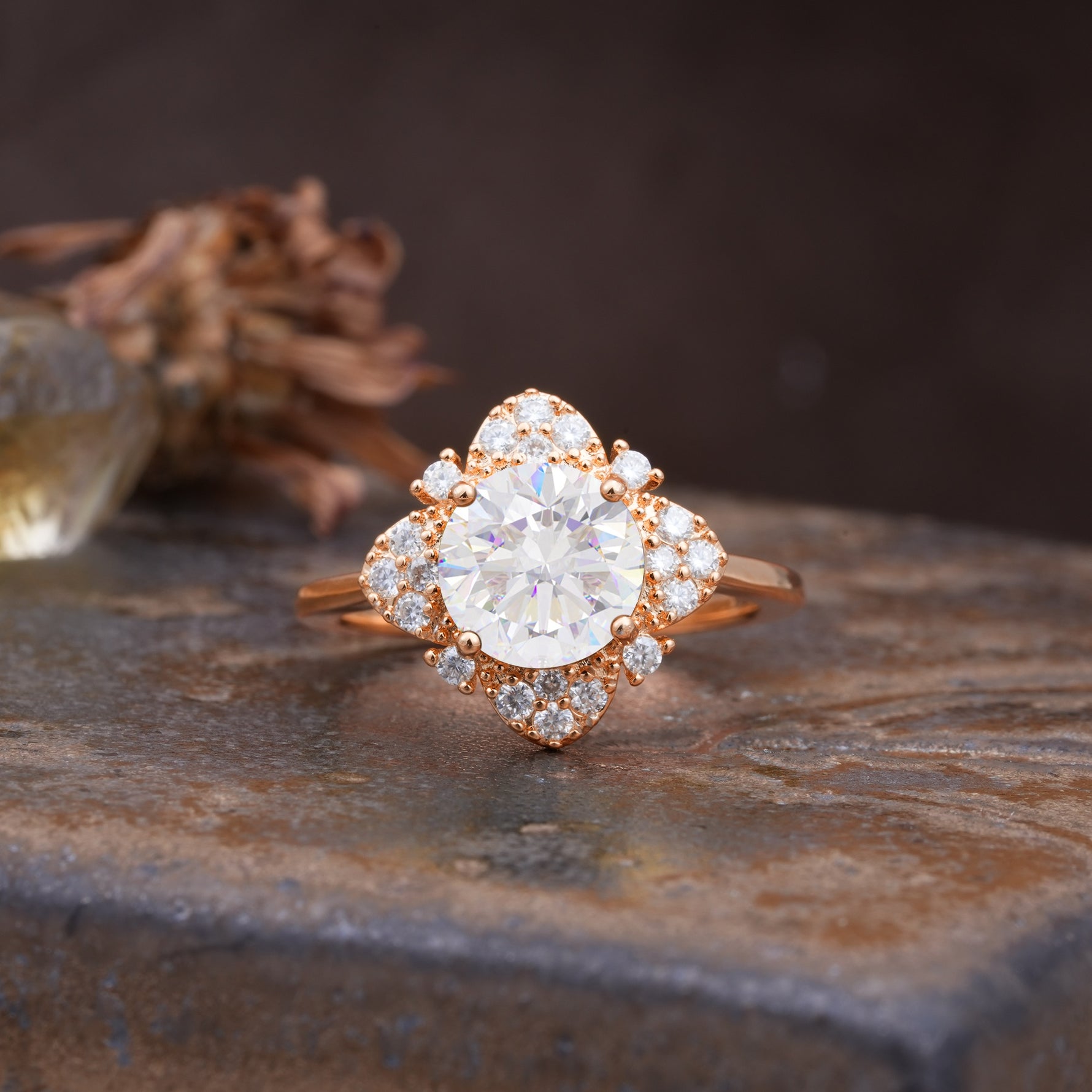 Nature-Inspired Petal-Shaped 4-Prong Round Cut Moissanite Engagement Ring - Additional view